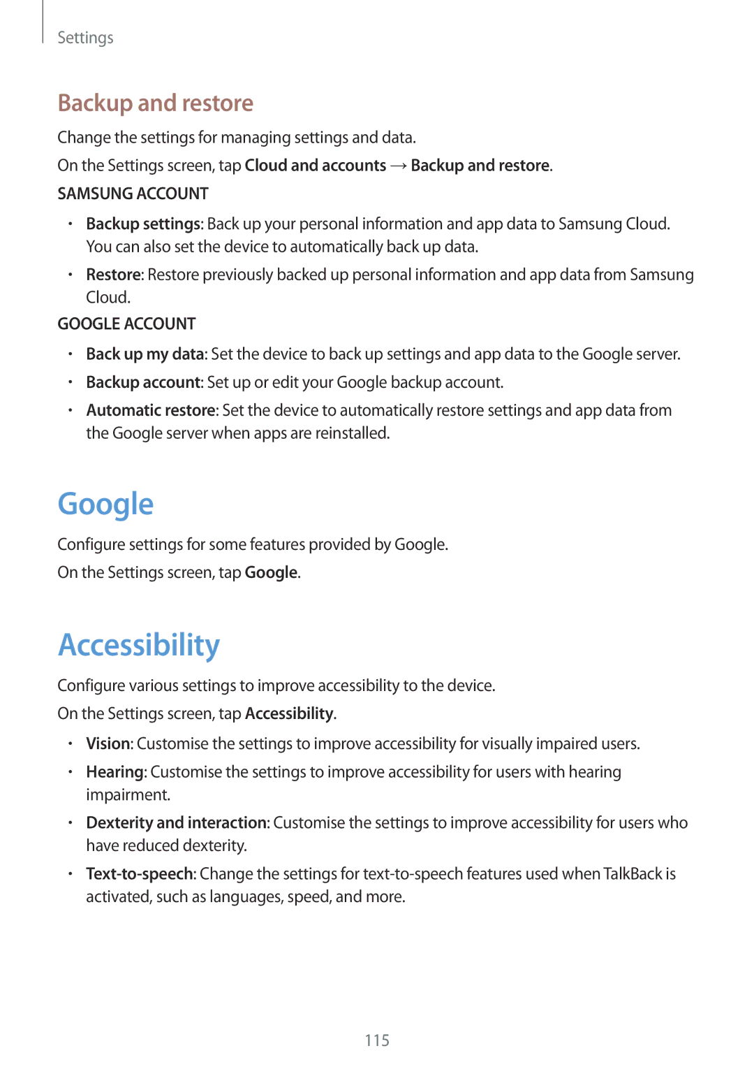Samsung SM-G390FZKACOS, SM-G390FZKADBT, SM-G390FZKAXEF, SM-G390FZKAITV manual Google, Accessibility, Backup and restore 