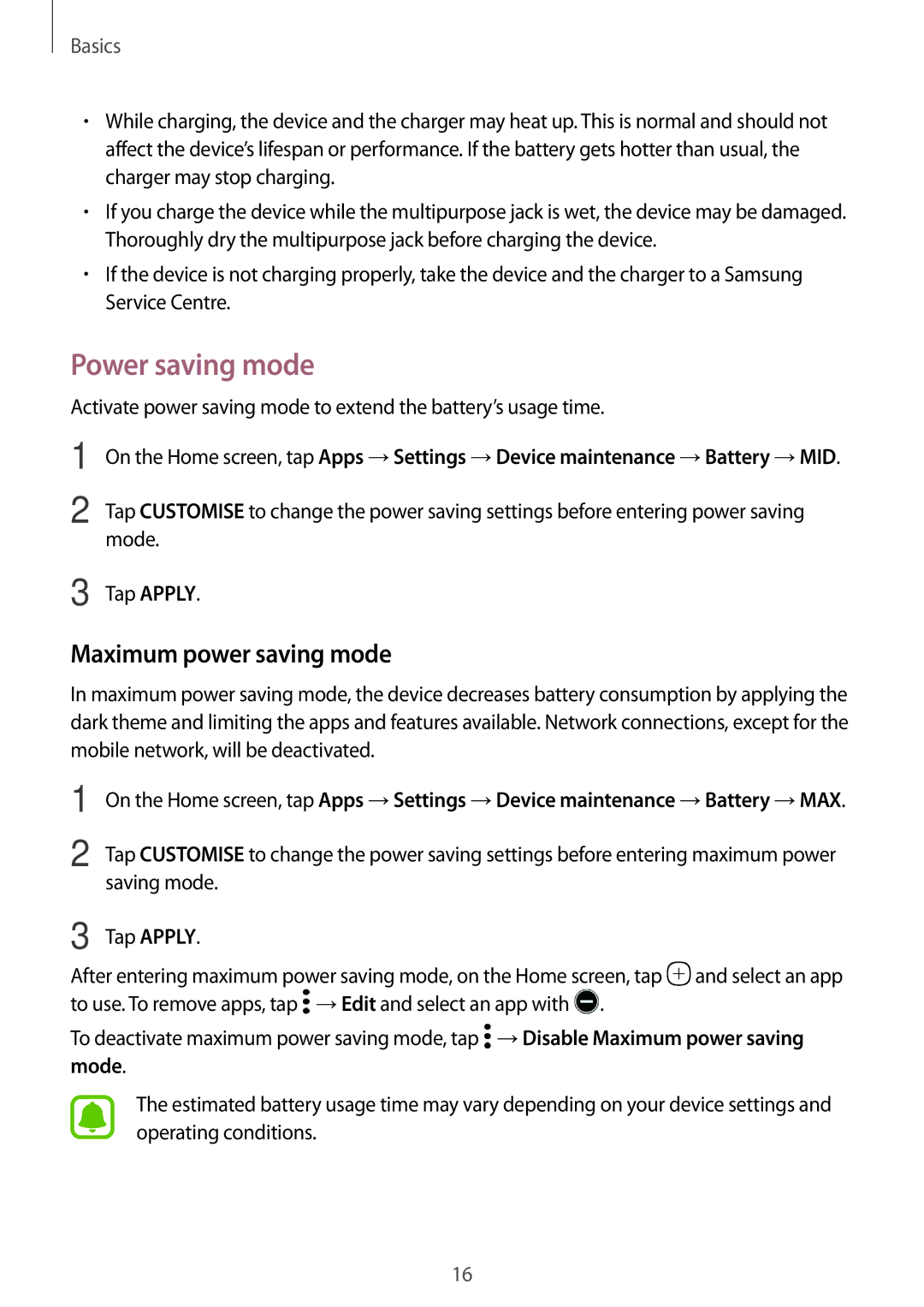 Samsung SM-G390FZKAXEH, SM-G390FZKADBT, SM-G390FZKAXEF, SM-G390FZKAITV manual Power saving mode, Maximum power saving mode 