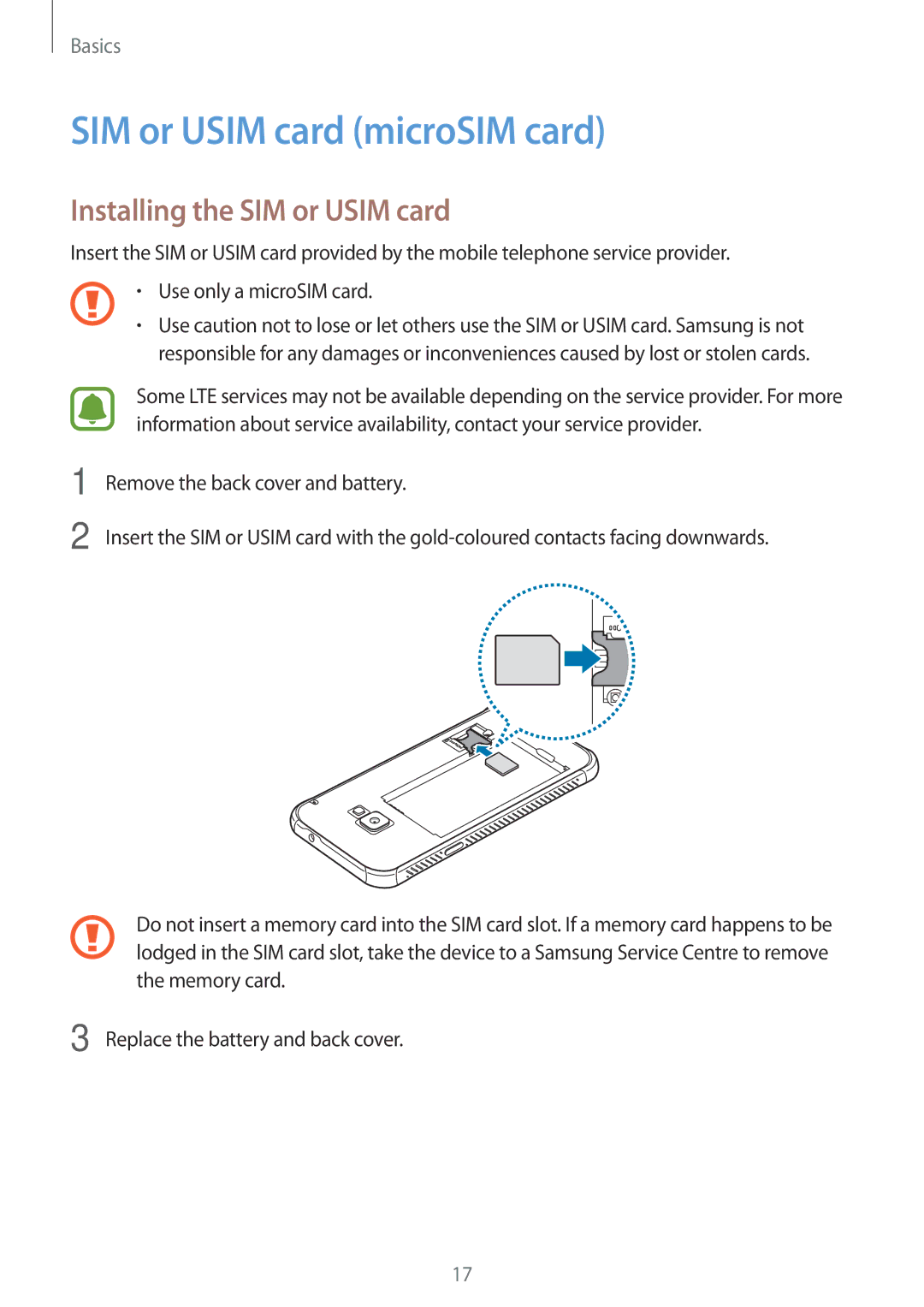 Samsung SM-G390FZKADBT, SM-G390FZKAXEF, SM-G390FZKAITV manual SIM or Usim card microSIM card, Installing the SIM or Usim card 