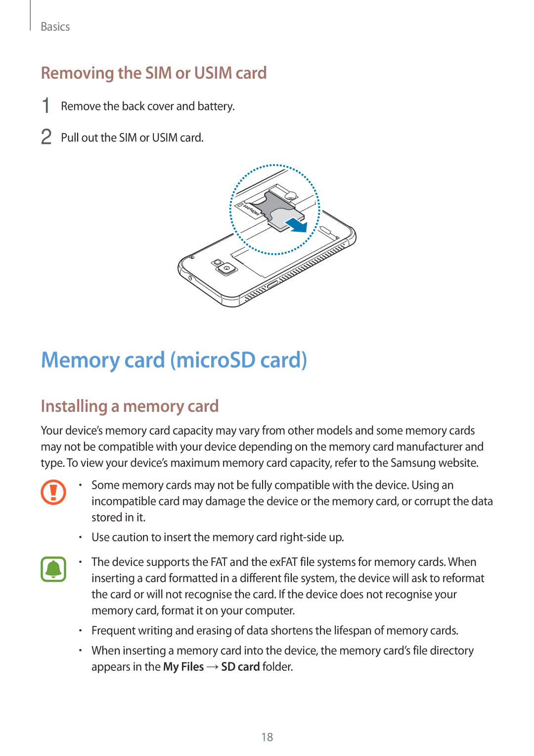 Samsung SM-G390FZKAXEF, SM-G390FZKADBT Memory card microSD card, Removing the SIM or Usim card, Installing a memory card 