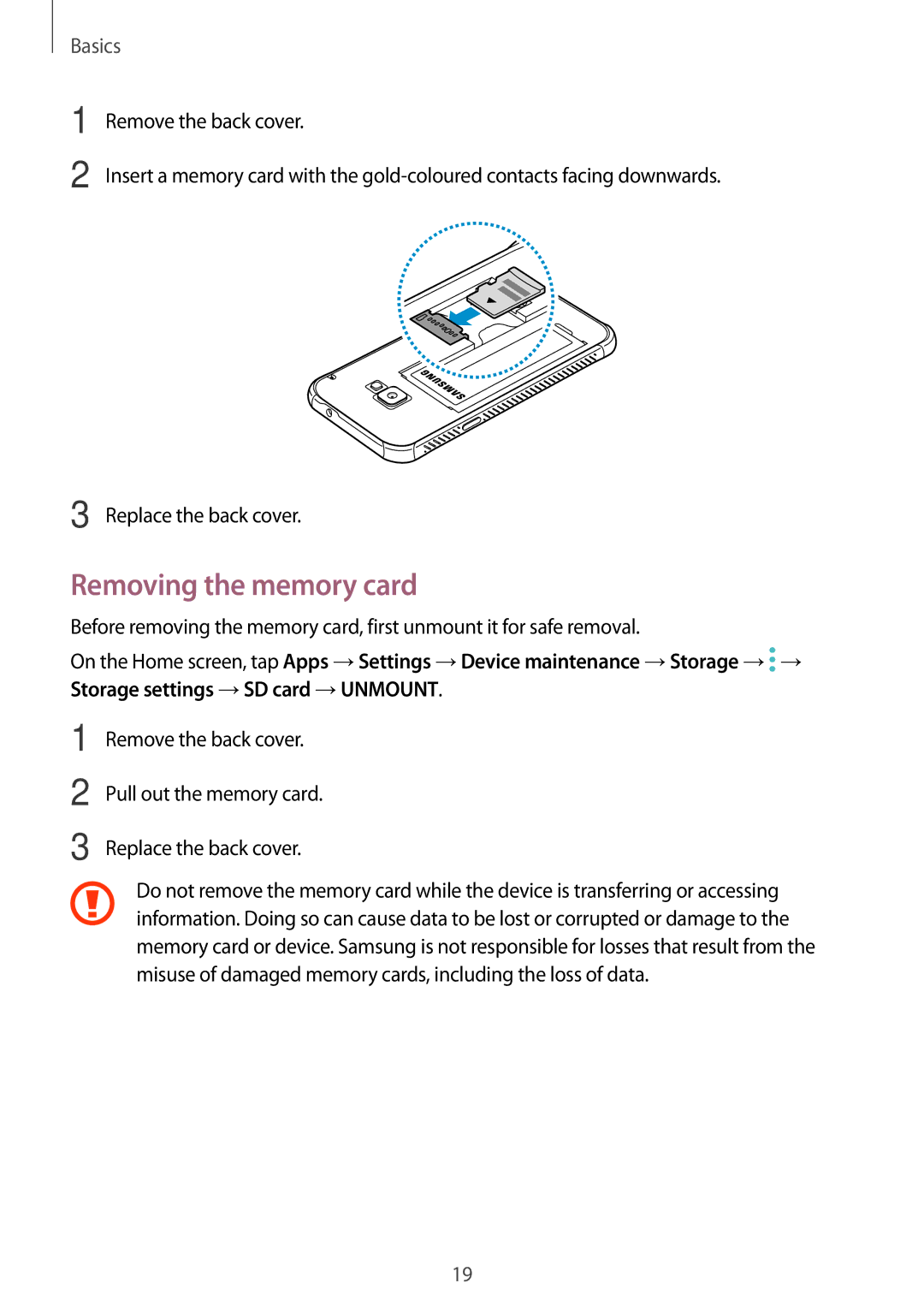 Samsung SM-G390FZKAITV, SM-G390FZKADBT, SM-G390FZKAXEF, SM-G390FZKAAMO, SM-G390FZKAPHE manual Removing the memory card 