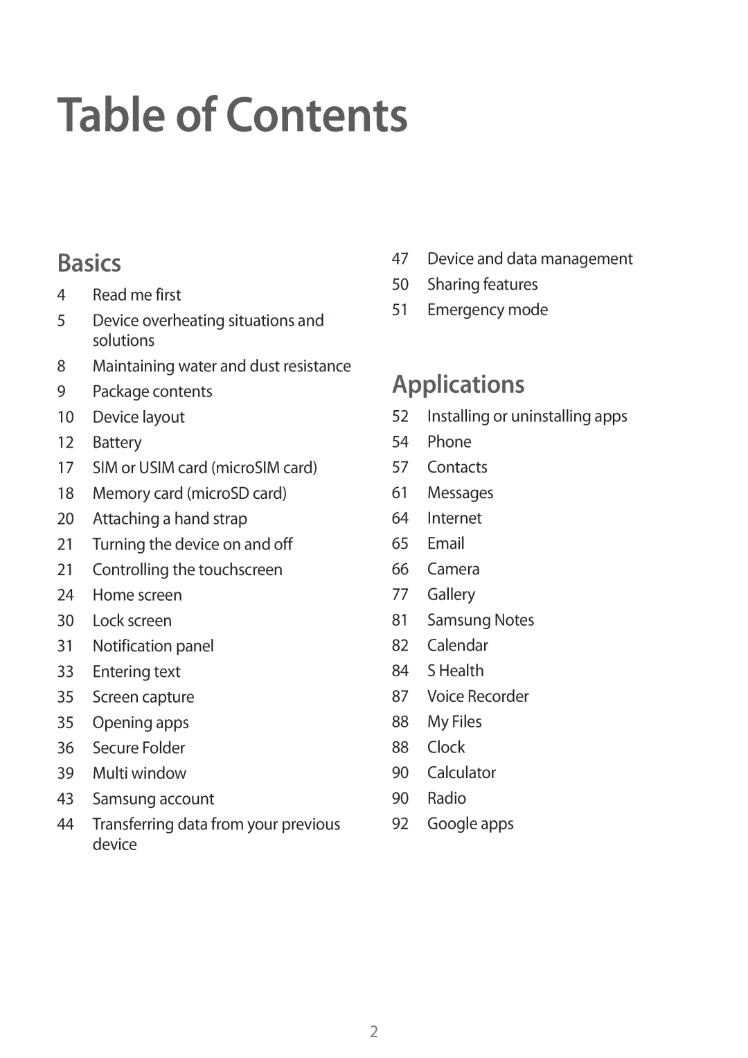 Samsung SM-G390FZKAITV, SM-G390FZKADBT, SM-G390FZKAXEF, SM-G390FZKAAMO, SM-G390FZKAPHE, SM-G390FZKAATL manual Table of Contents 