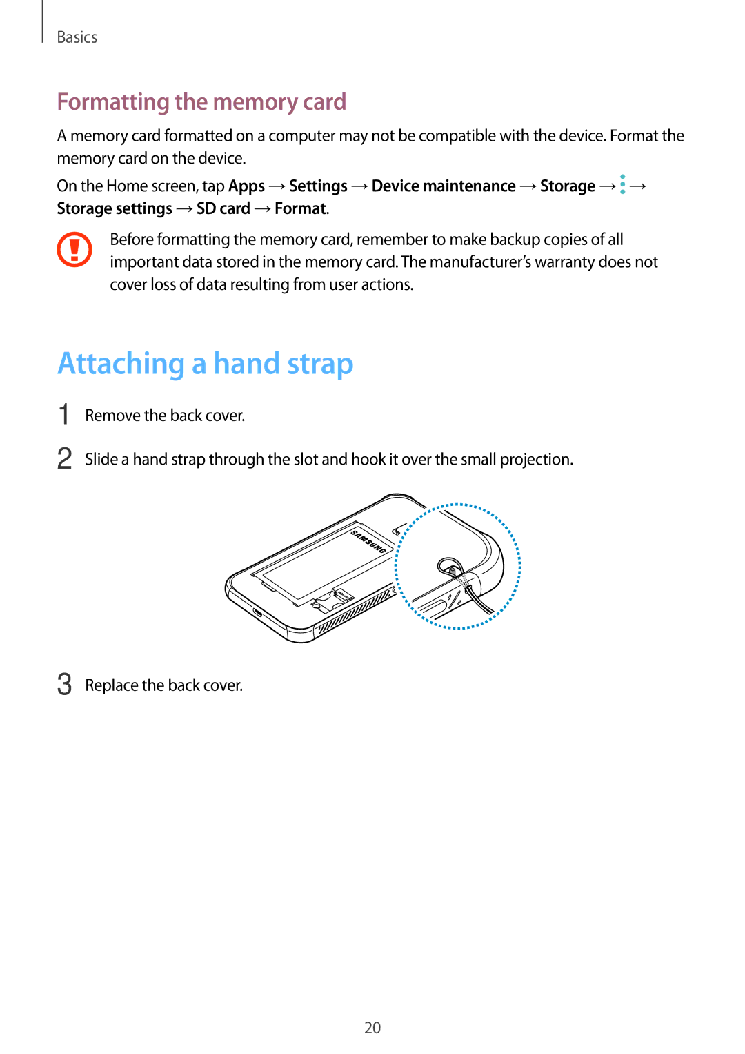 Samsung SM-G390FZKAAMO, SM-G390FZKADBT, SM-G390FZKAXEF, SM-G390FZKAITV Attaching a hand strap, Formatting the memory card 