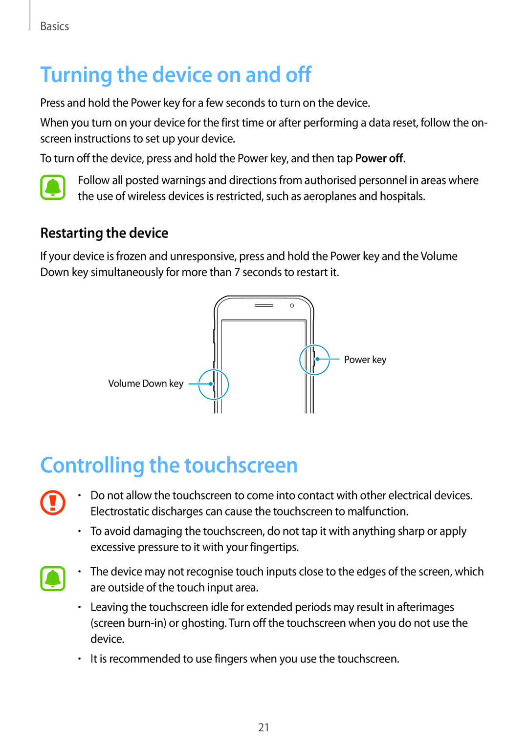 Samsung SM-G390FZKAPHE, SM-G390FZKADBT Turning the device on and off, Controlling the touchscreen, Restarting the device 