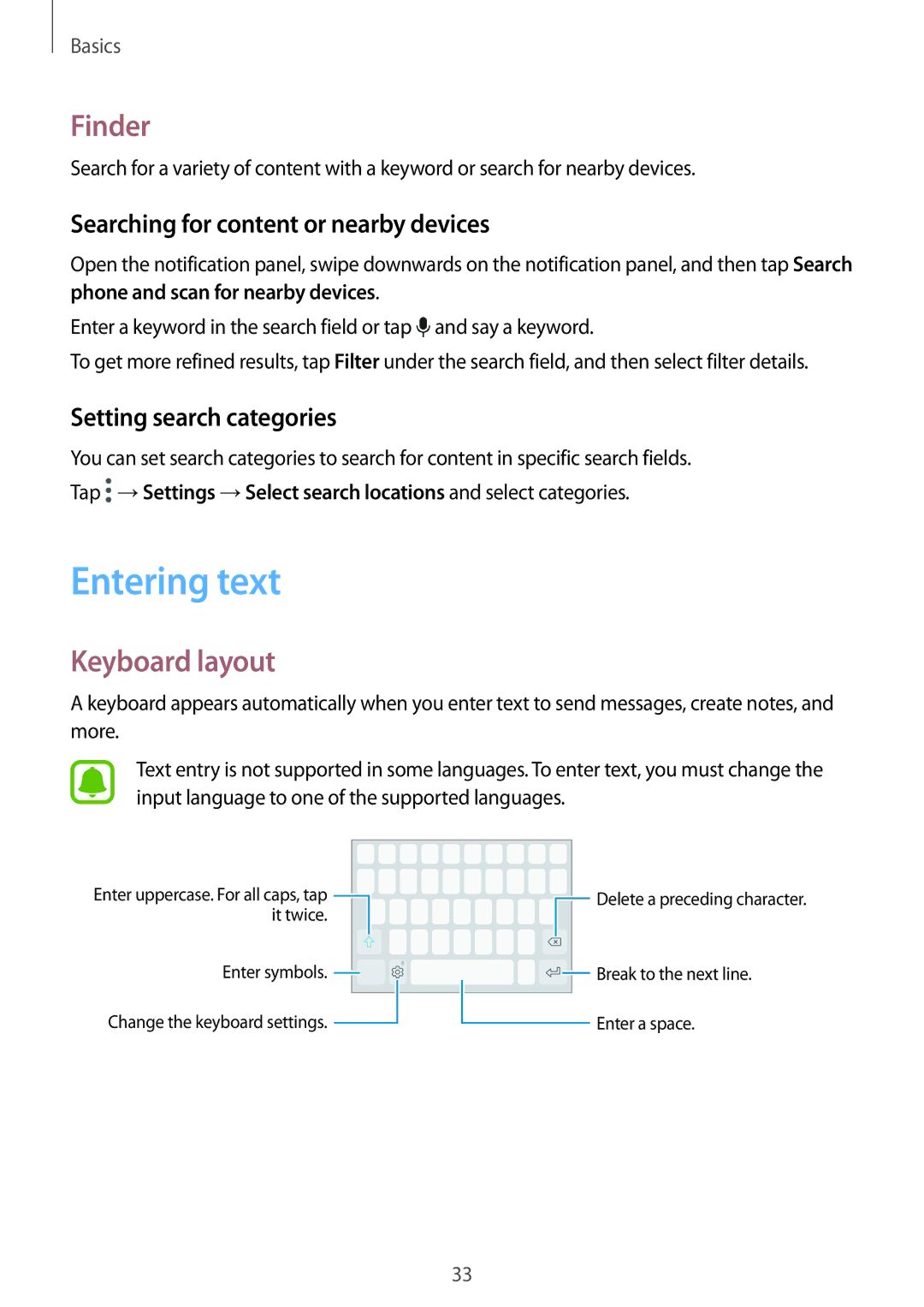 Samsung SM-G390FZKAXEH, SM-G390FZKADBT Entering text, Finder, Keyboard layout, Searching for content or nearby devices 