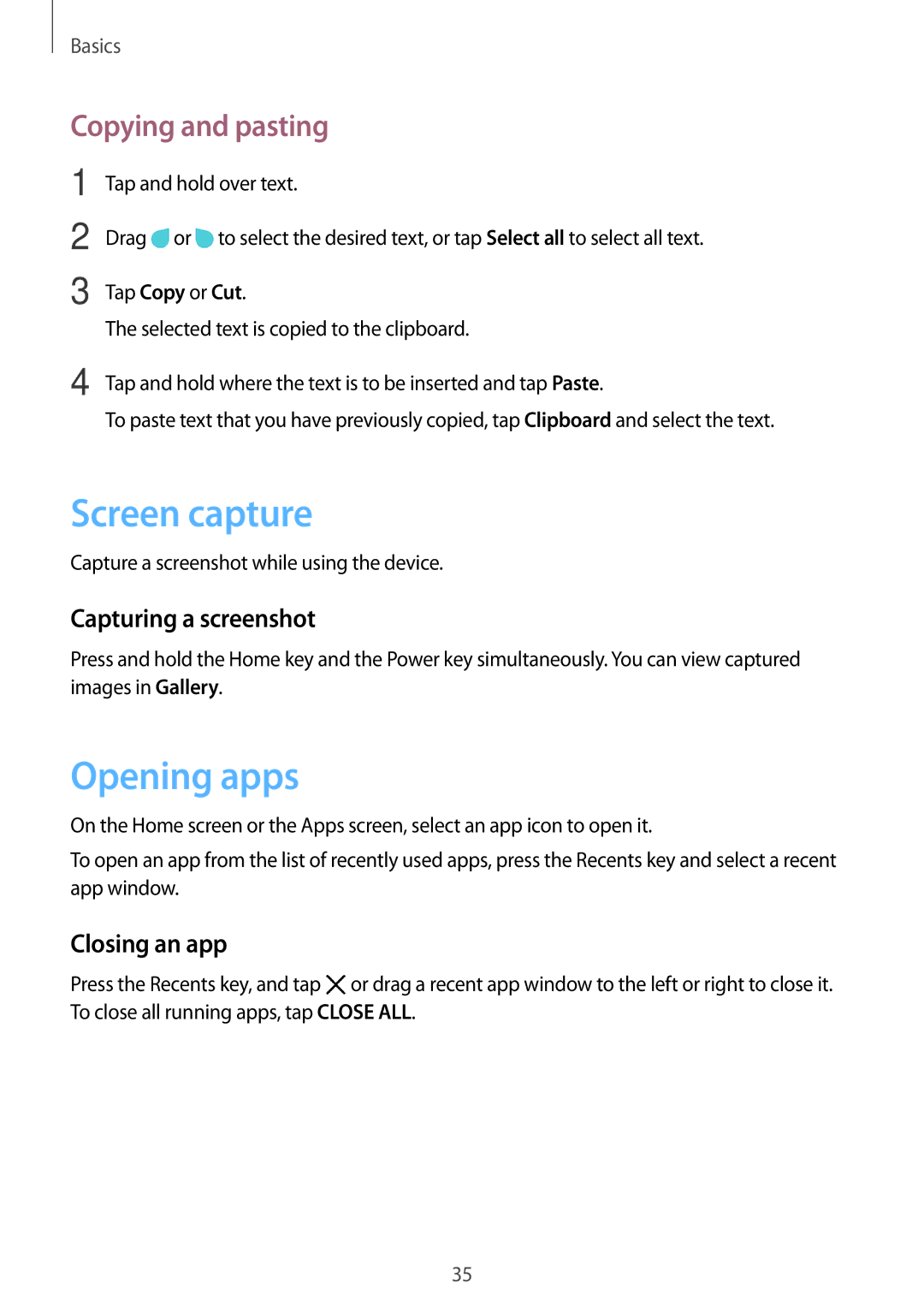 Samsung SM-G390FZKAXEF manual Screen capture, Opening apps, Copying and pasting, Capturing a screenshot, Closing an app 