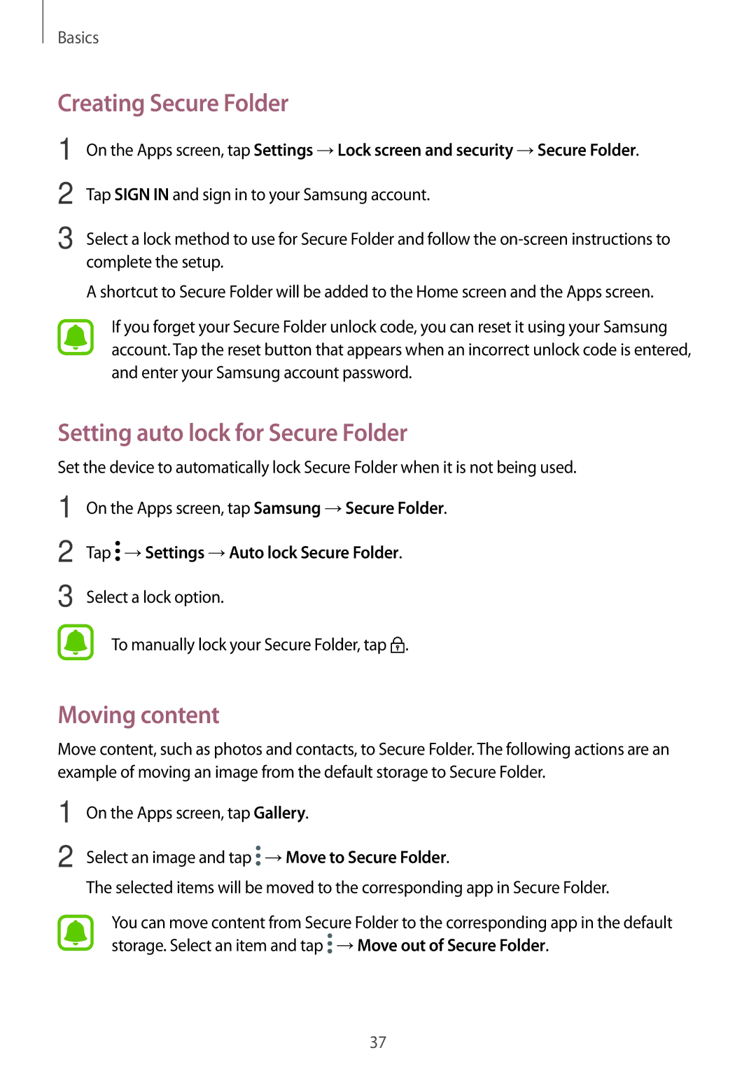 Samsung SM-G390FZKAAMO, SM-G390FZKADBT manual Creating Secure Folder, Setting auto lock for Secure Folder, Moving content 