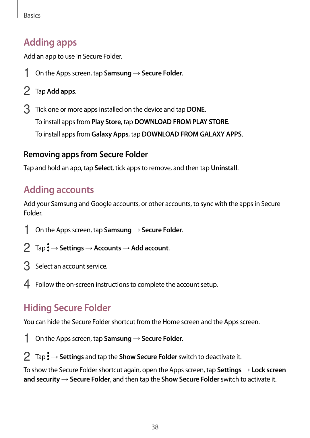 Samsung SM-G390FZKAPHE manual Adding apps, Adding accounts, Hiding Secure Folder, Removing apps from Secure Folder 