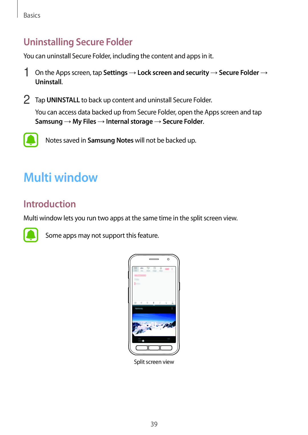 Samsung SM-G390FZKAATL, SM-G390FZKADBT, SM-G390FZKAXEF, SM-G390FZKAITV manual Multi window, Uninstalling Secure Folder 