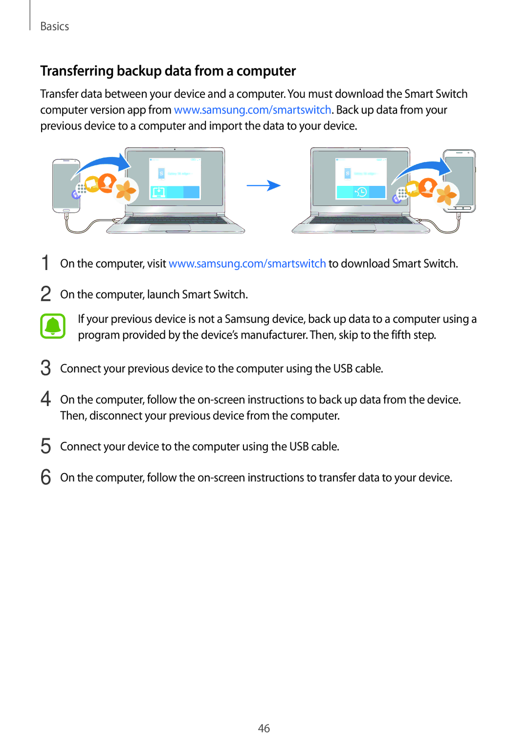 Samsung SM-G390FZKAVGR, SM-G390FZKADBT manual Transferring backup data from a computer, On the computer, launch Smart Switch 