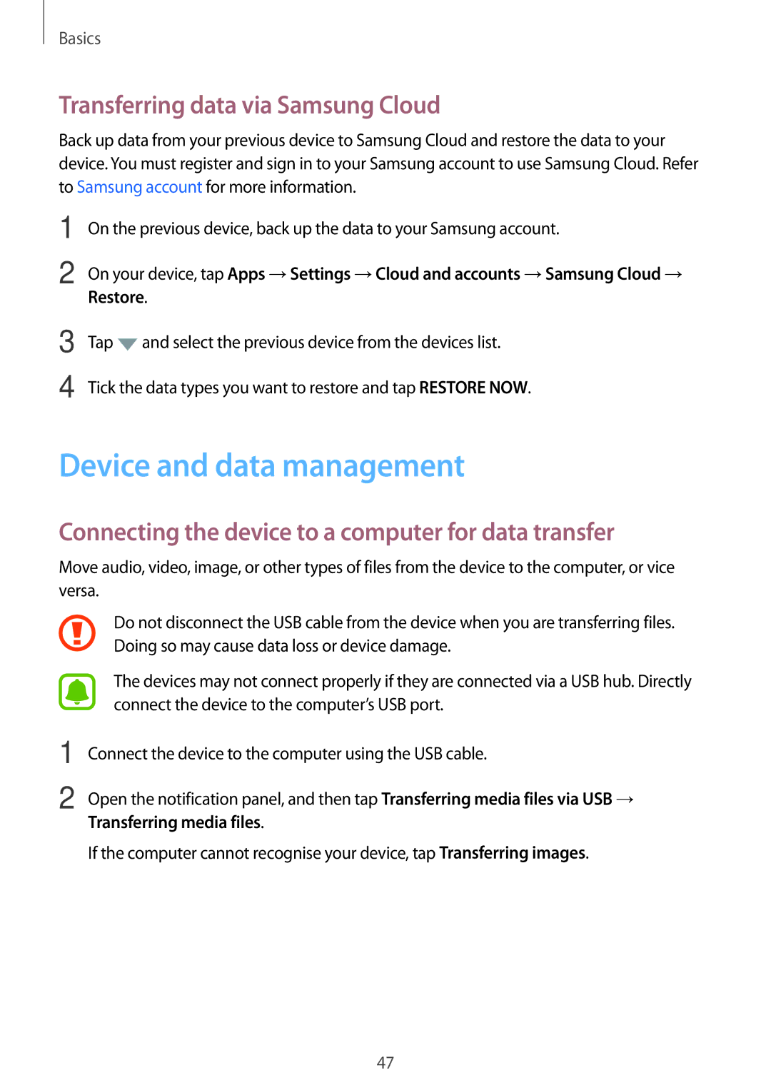 Samsung SM-G390FZKACOS, SM-G390FZKADBT, SM-G390FZKAXEF manual Device and data management, Transferring data via Samsung Cloud 