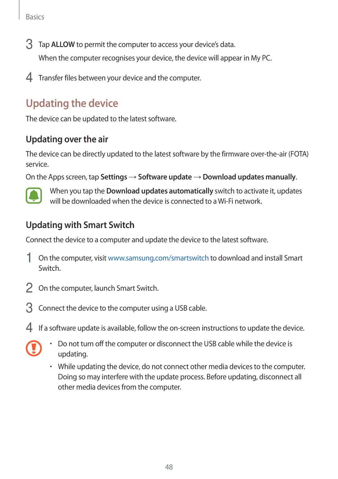 Samsung SM-G390FZKAEUR, SM-G390FZKADBT manual Updating the device, Updating over the air, Updating with Smart Switch 