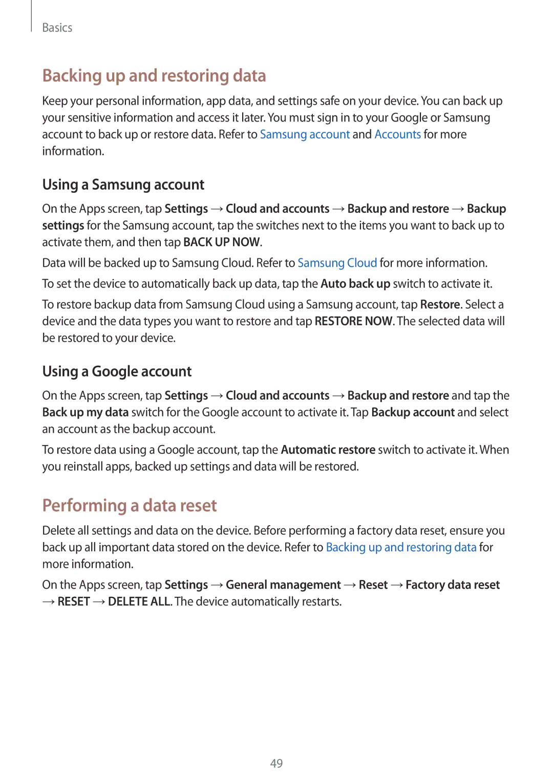 Samsung SM-G390FZKACYV, SM-G390FZKADBT Backing up and restoring data, Performing a data reset, Using a Samsung account 