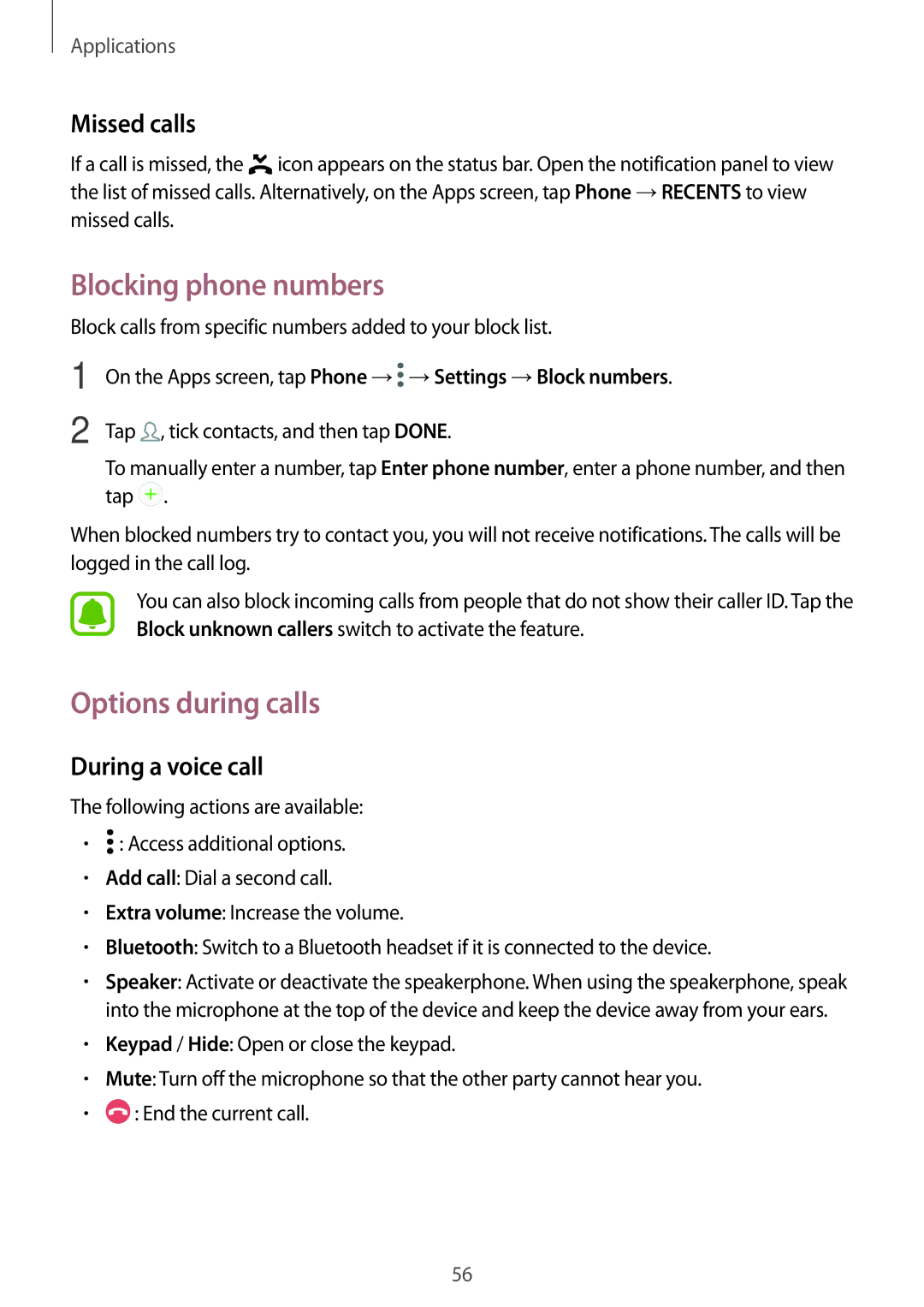 Samsung SM-G390FZKAATL, SM-G390FZKADBT Blocking phone numbers, Options during calls, Missed calls, During a voice call 