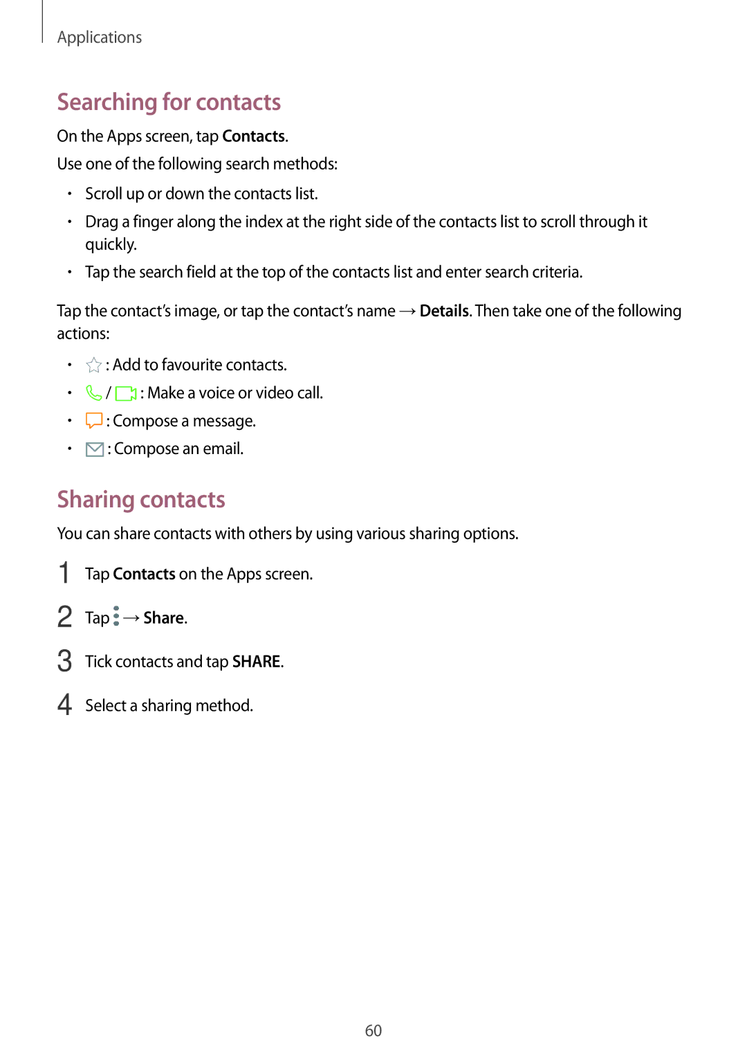 Samsung SM-G390FZKAETL, SM-G390FZKADBT, SM-G390FZKAXEF, SM-G390FZKAITV manual Searching for contacts, Sharing contacts 