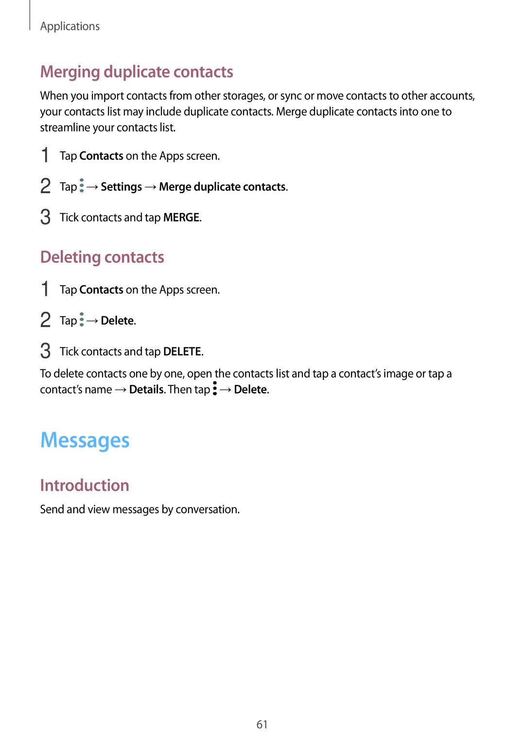 Samsung SM-G390FZKANEE, SM-G390FZKADBT, SM-G390FZKAXEF manual Messages, Merging duplicate contacts, Deleting contacts 