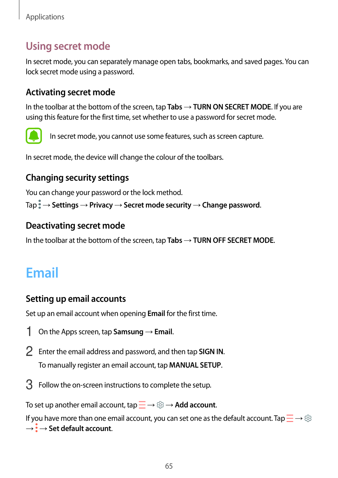 Samsung SM-G390FZKAEUR Using secret mode, Activating secret mode, Changing security settings, Deactivating secret mode 