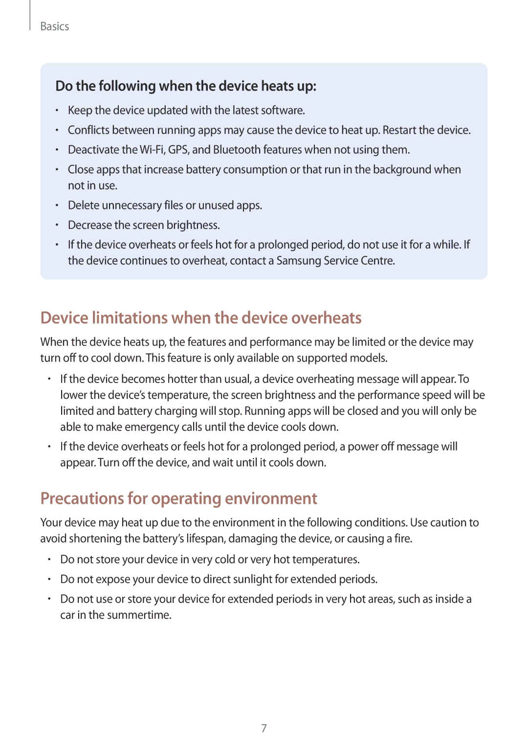 Samsung SM-G390FZKABGL, SM-G390FZKADBT Device limitations when the device overheats, Precautions for operating environment 