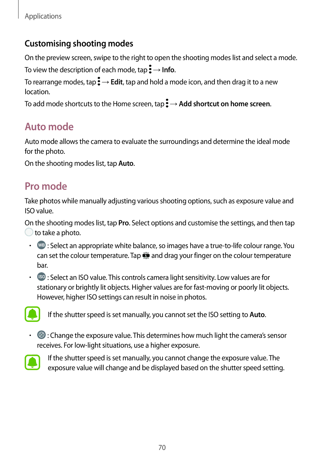 Samsung SM-G390FZKAITV, SM-G390FZKADBT, SM-G390FZKAXEF, SM-G390FZKAAMO manual Auto mode, Pro mode, Customising shooting modes 