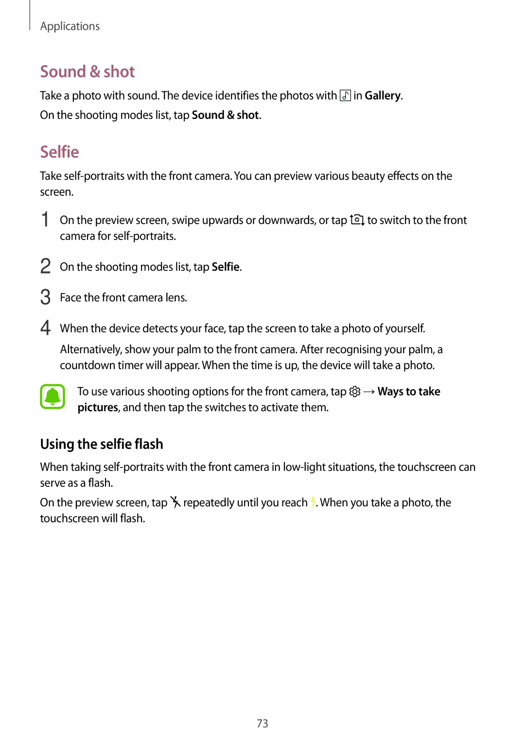 Samsung SM-G390FZKAATL, SM-G390FZKADBT, SM-G390FZKAXEF, SM-G390FZKAITV manual Sound & shot, Selfie, Using the selfie flash 