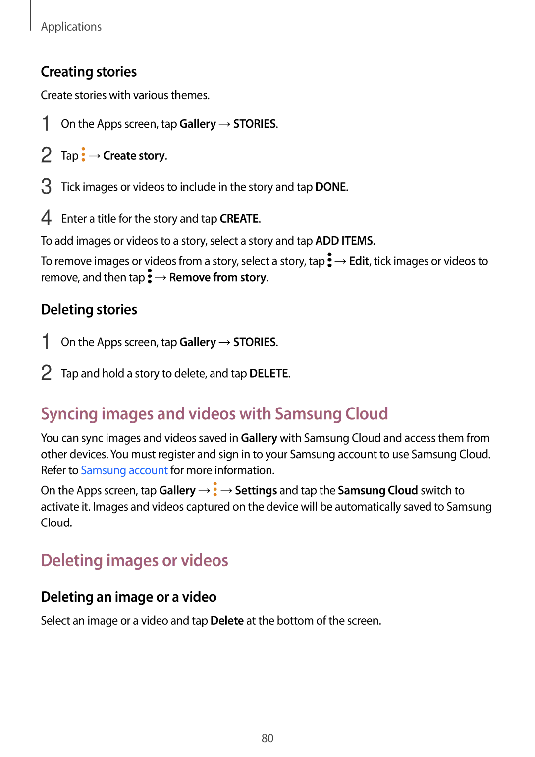 Samsung SM-G390FZKAVGR manual Syncing images and videos with Samsung Cloud, Deleting images or videos, Creating stories 