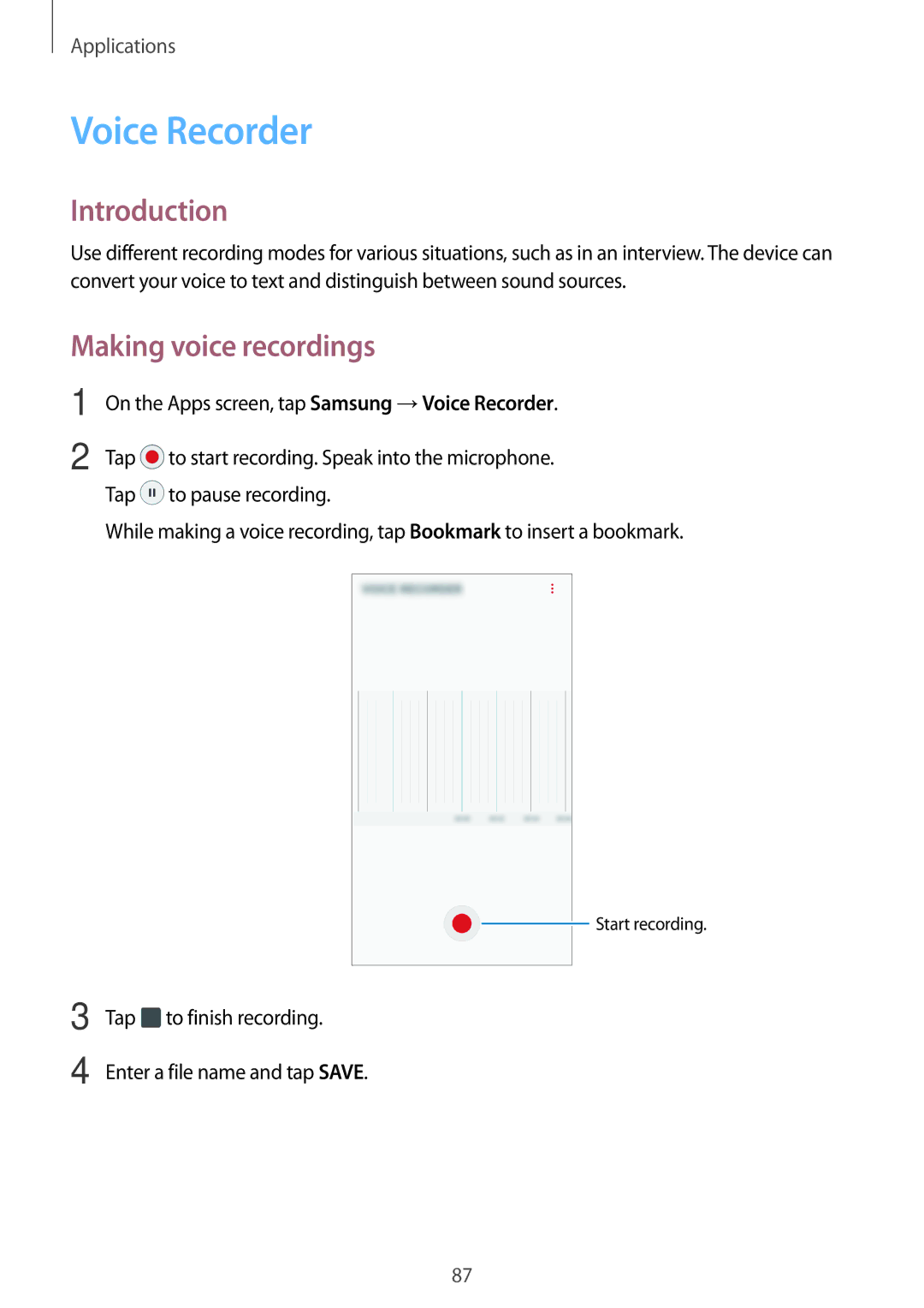 Samsung SM-G390FZKAITV, SM-G390FZKADBT, SM-G390FZKAXEF, SM-G390FZKAAMO manual Voice Recorder, Making voice recordings 