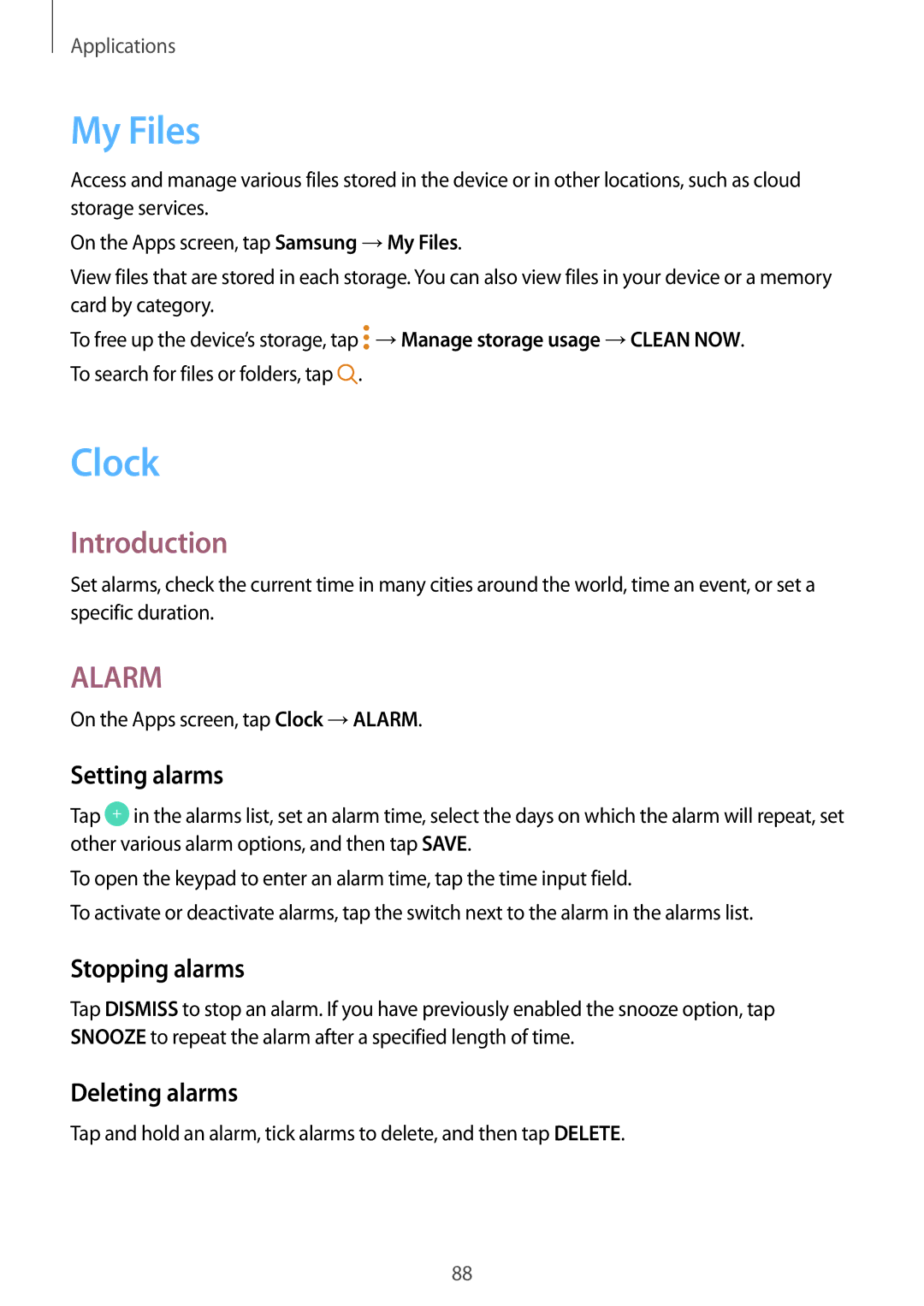 Samsung SM-G390FZKAAMO, SM-G390FZKADBT, SM-G390FZKAXEF My Files, Clock, Setting alarms, Stopping alarms, Deleting alarms 