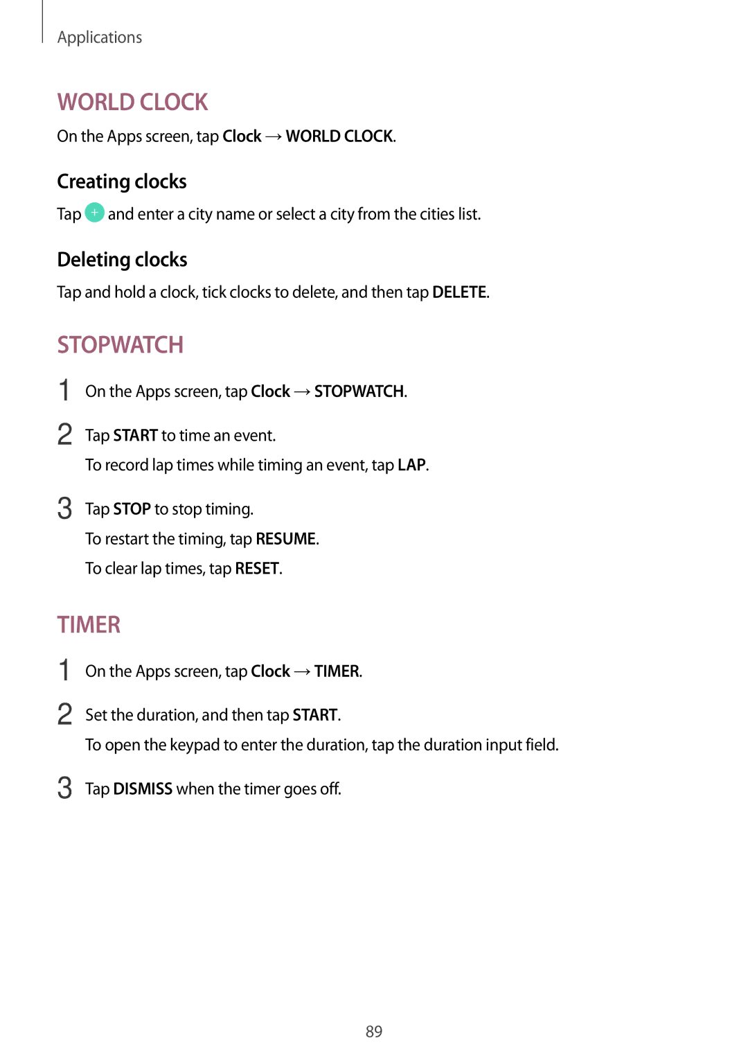 Samsung SM-G390FZKAPHE, SM-G390FZKADBT, SM-G390FZKAXEF, SM-G390FZKAITV, SM-G390FZKAAMO manual Creating clocks, Deleting clocks 