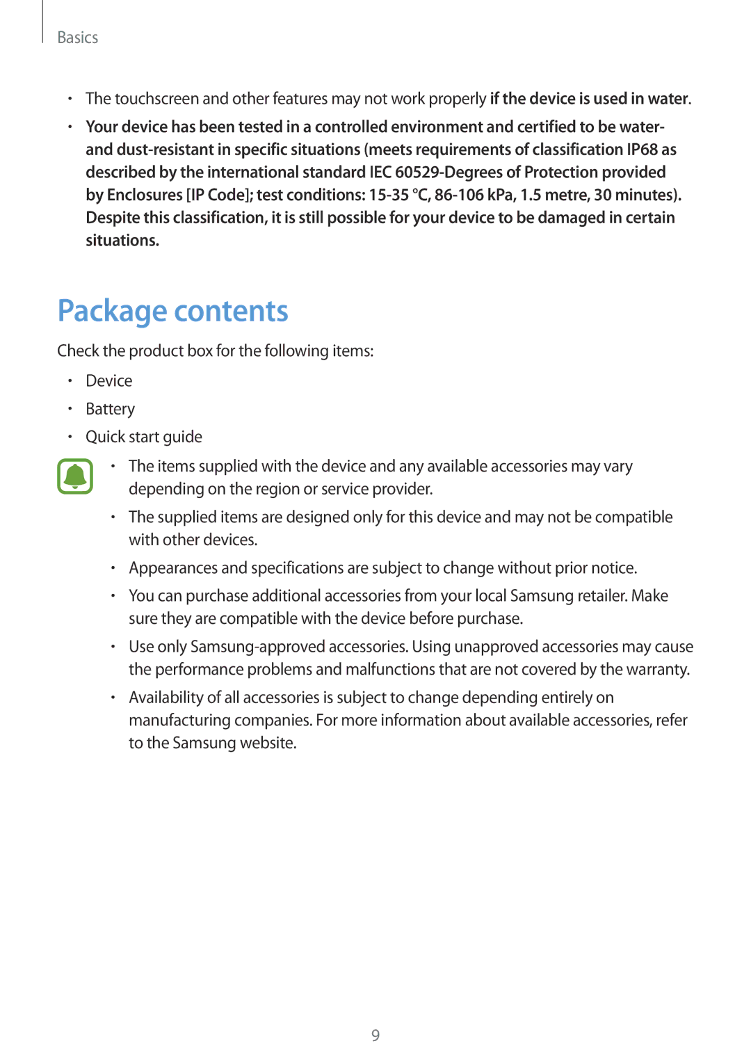 Samsung SM-G390FZKAETL, SM-G390FZKADBT, SM-G390FZKAXEF, SM-G390FZKAITV, SM-G390FZKAAMO, SM-G390FZKAPHE manual Package contents 