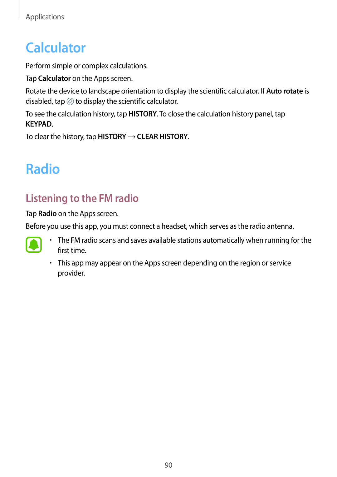 Samsung SM-G390FZKAATL, SM-G390FZKADBT, SM-G390FZKAXEF, SM-G390FZKAITV manual Calculator, Radio, Listening to the FM radio 