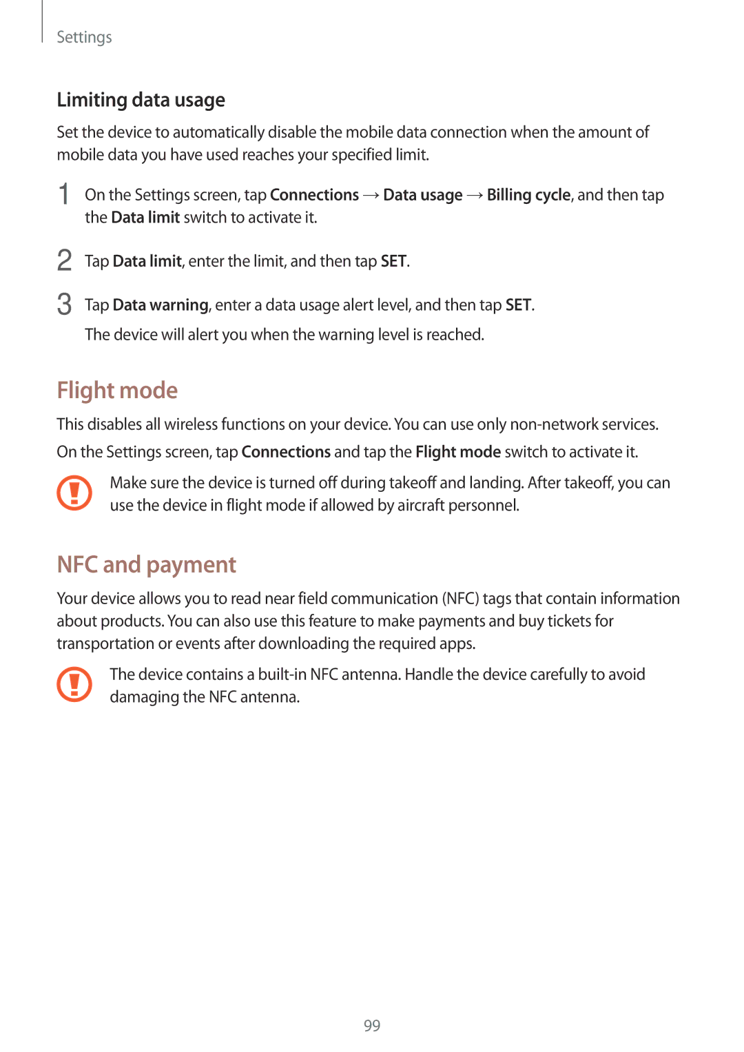 Samsung SM-G390FZKAEUR, SM-G390FZKADBT, SM-G390FZKAXEF, SM-G390FZKAITV Flight mode, NFC and payment, Limiting data usage 