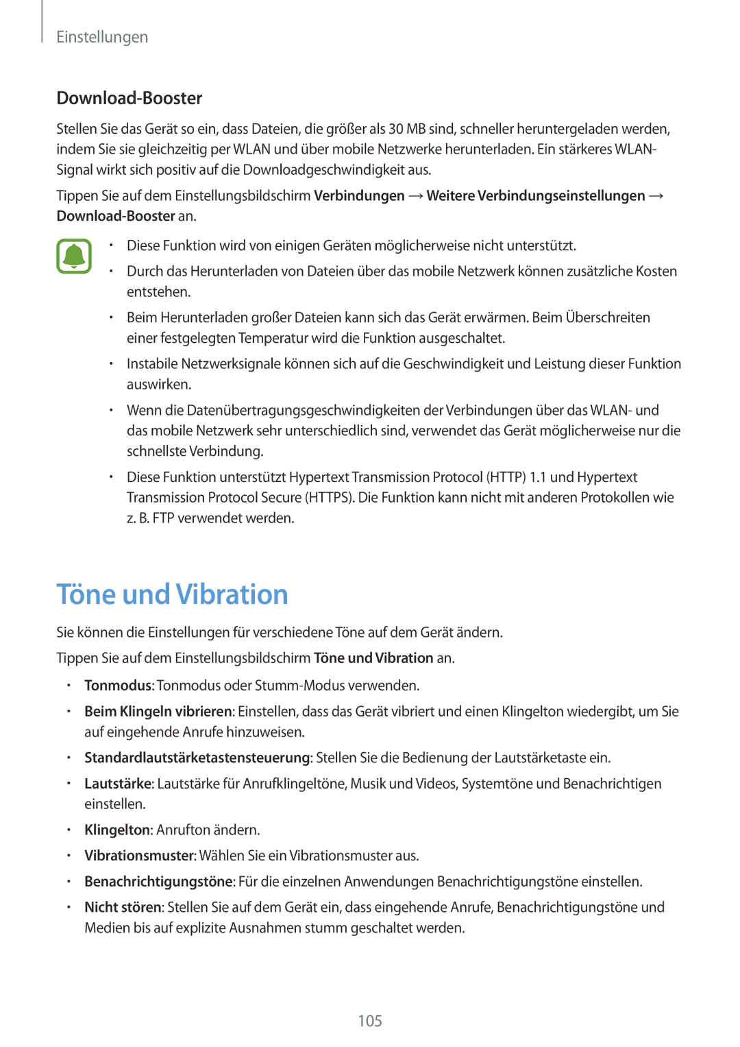 Samsung SM-G390FZKADBT manual Töne und Vibration, Download-Booster 