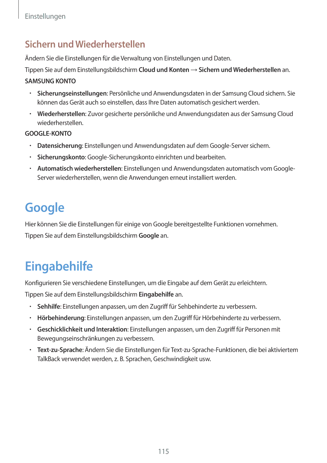 Samsung SM-G390FZKADBT manual Google, Eingabehilfe, Sichern und Wiederherstellen 