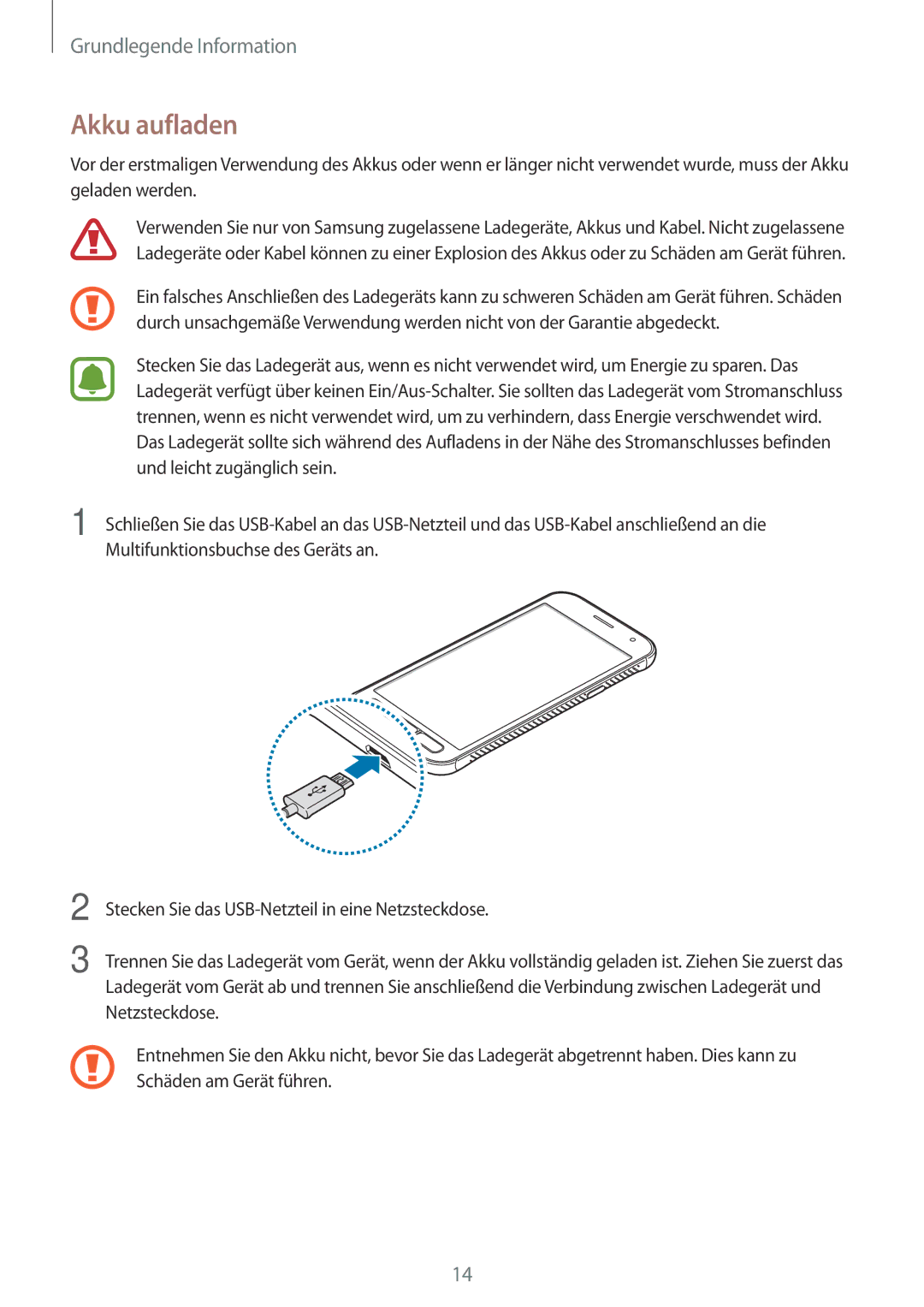 Samsung SM-G390FZKADBT manual Akku aufladen 