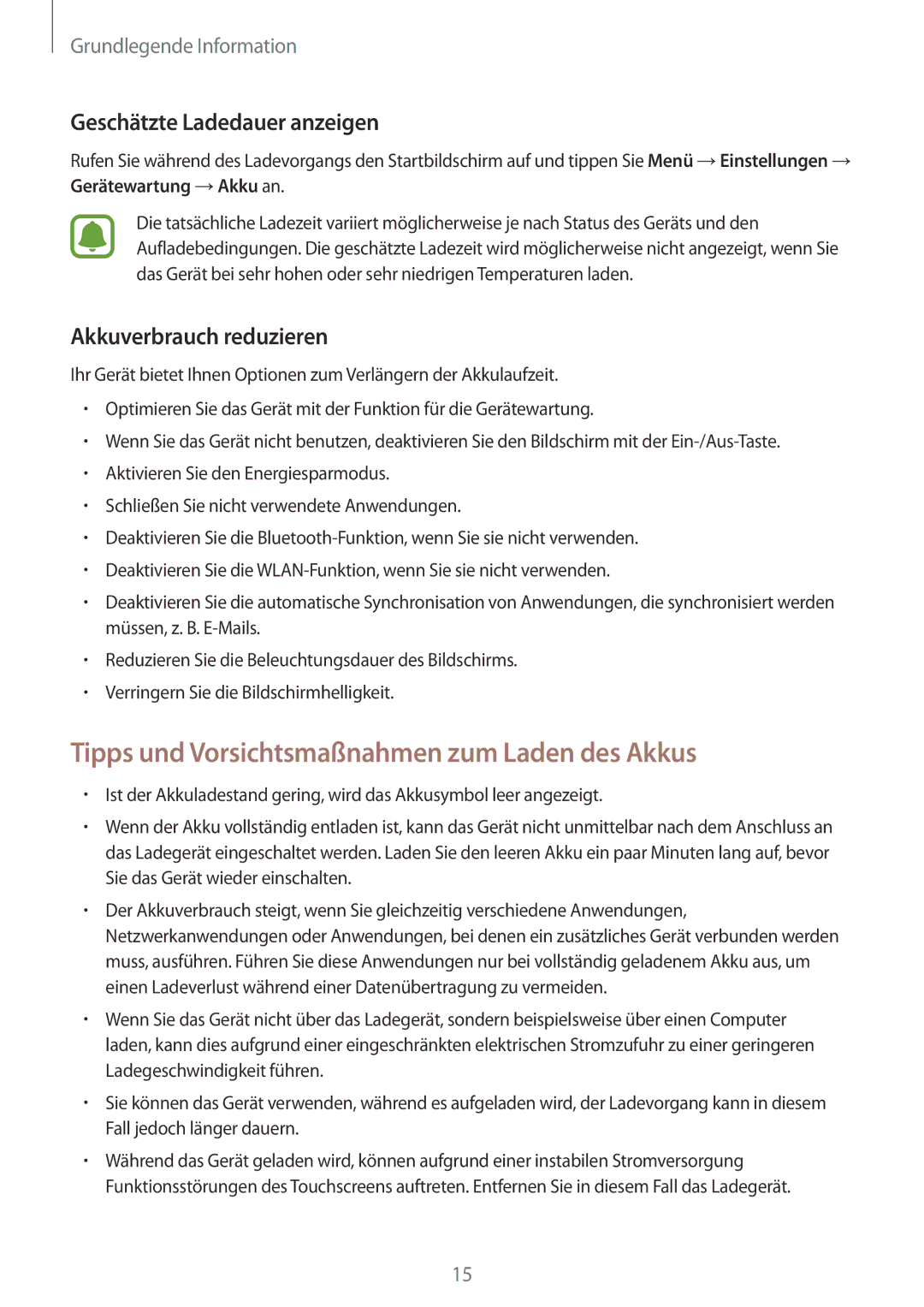 Samsung SM-G390FZKADBT manual Tipps und Vorsichtsmaßnahmen zum Laden des Akkus, Geschätzte Ladedauer anzeigen 