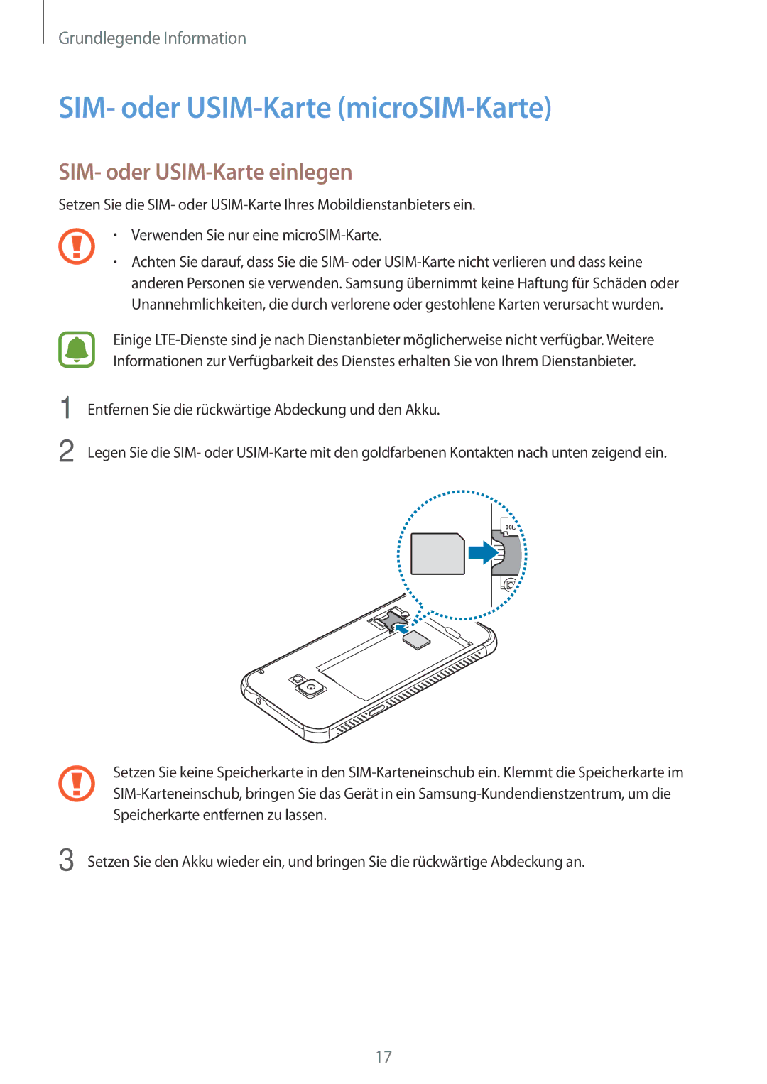 Samsung SM-G390FZKADBT manual SIM- oder USIM-Karte microSIM-Karte, SIM- oder USIM-Karte einlegen 