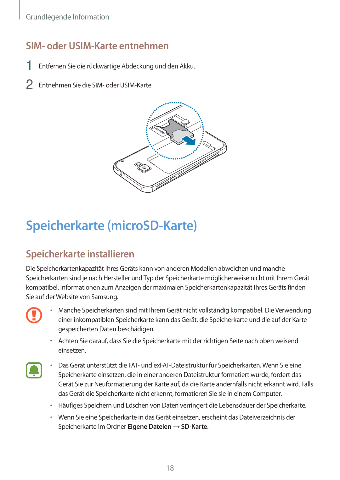 Samsung SM-G390FZKADBT manual Speicherkarte microSD-Karte, SIM- oder USIM-Karte entnehmen, Speicherkarte installieren 