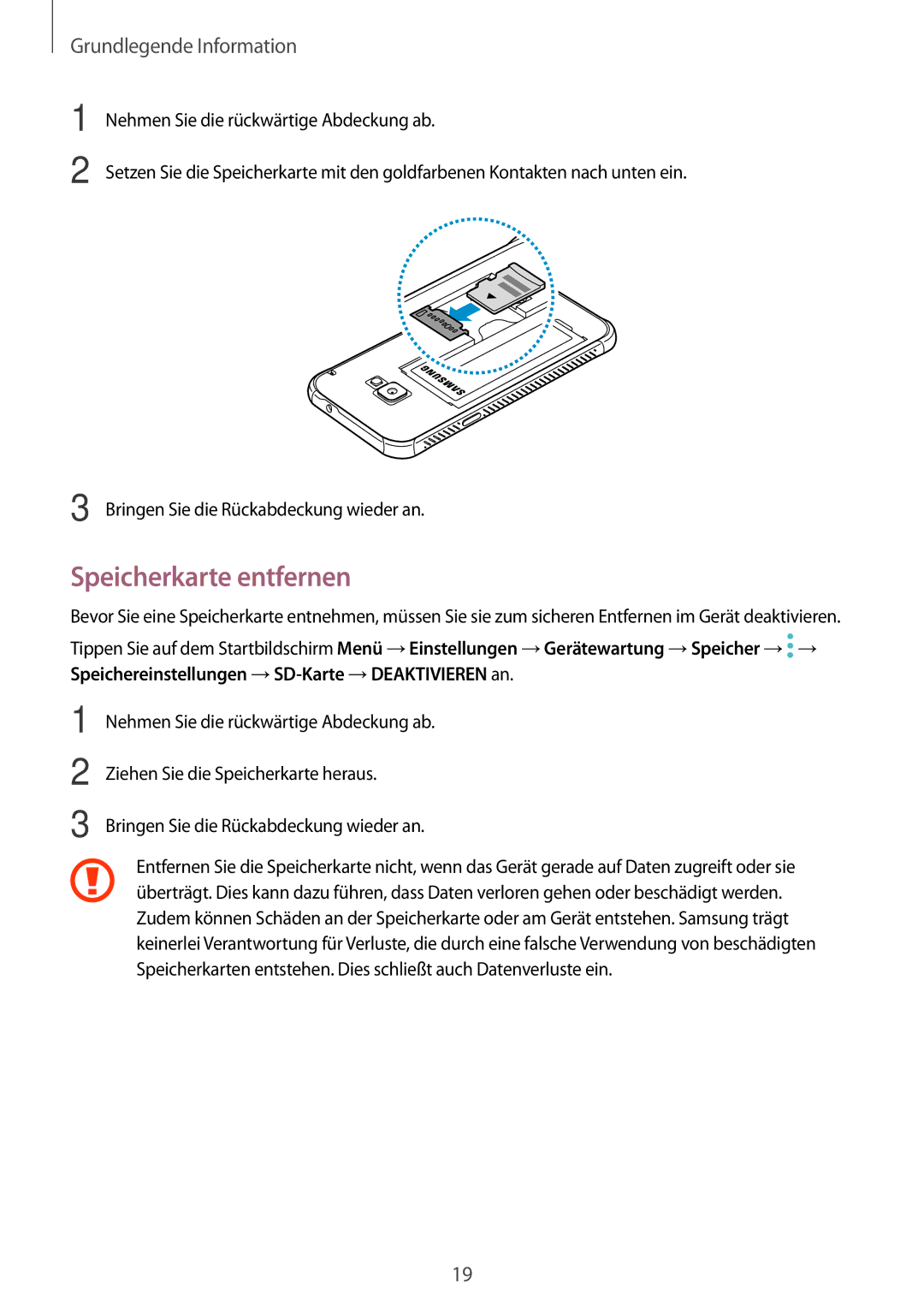 Samsung SM-G390FZKADBT manual Speicherkarte entfernen 