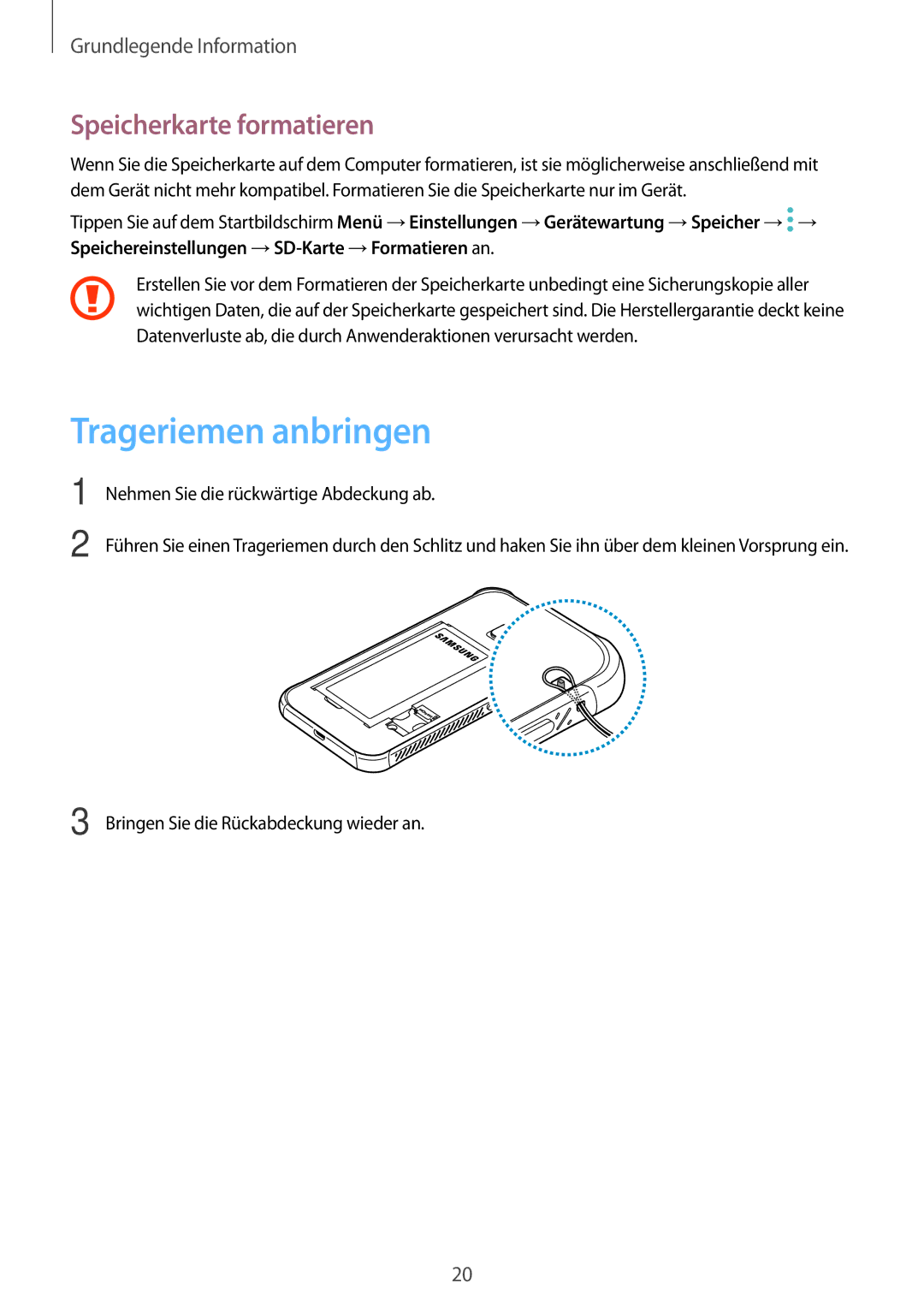 Samsung SM-G390FZKADBT manual Trageriemen anbringen, Speicherkarte formatieren 