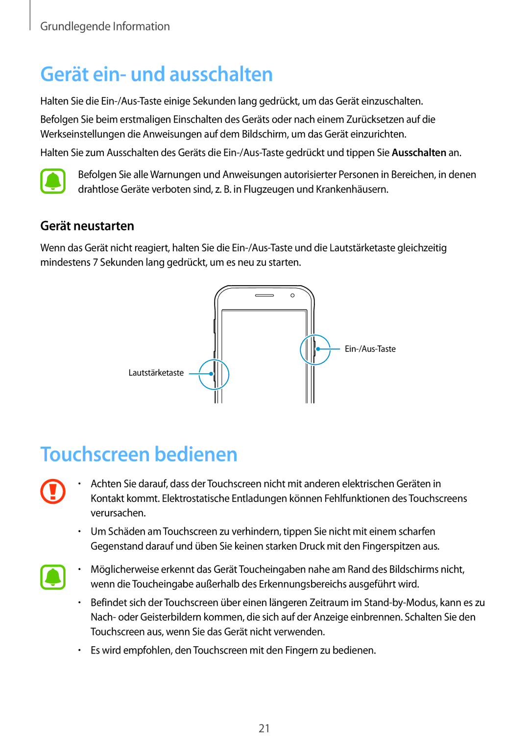 Samsung SM-G390FZKADBT manual Gerät ein- und ausschalten, Touchscreen bedienen, Gerät neustarten 