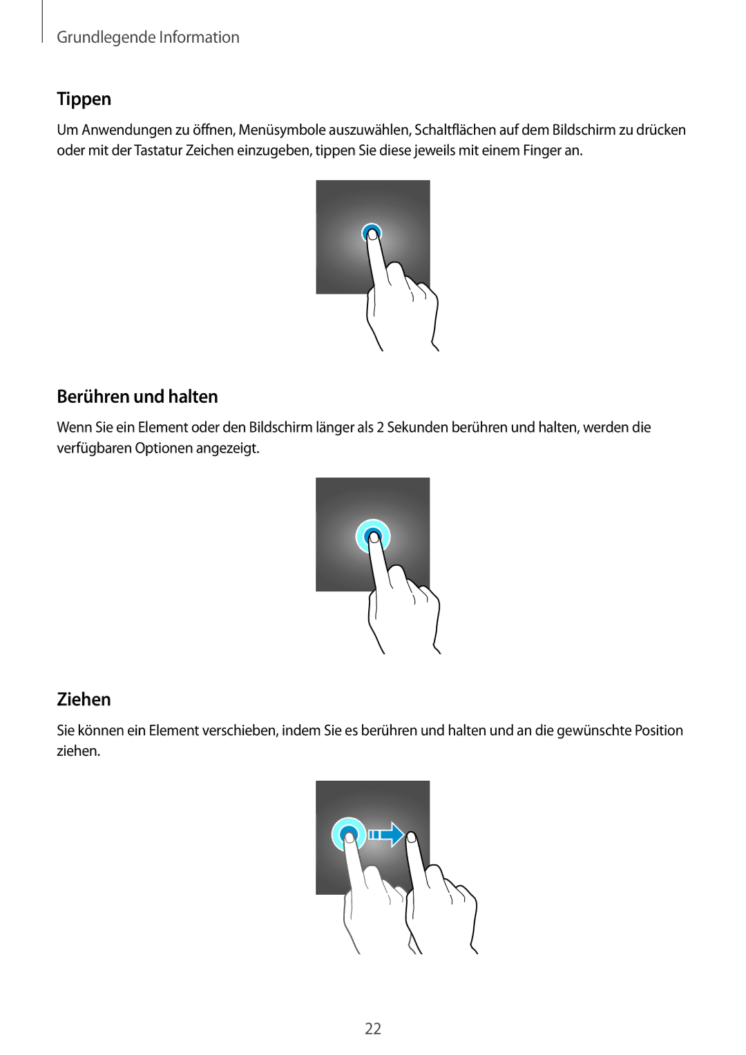 Samsung SM-G390FZKADBT manual Tippen, Berühren und halten, Ziehen 