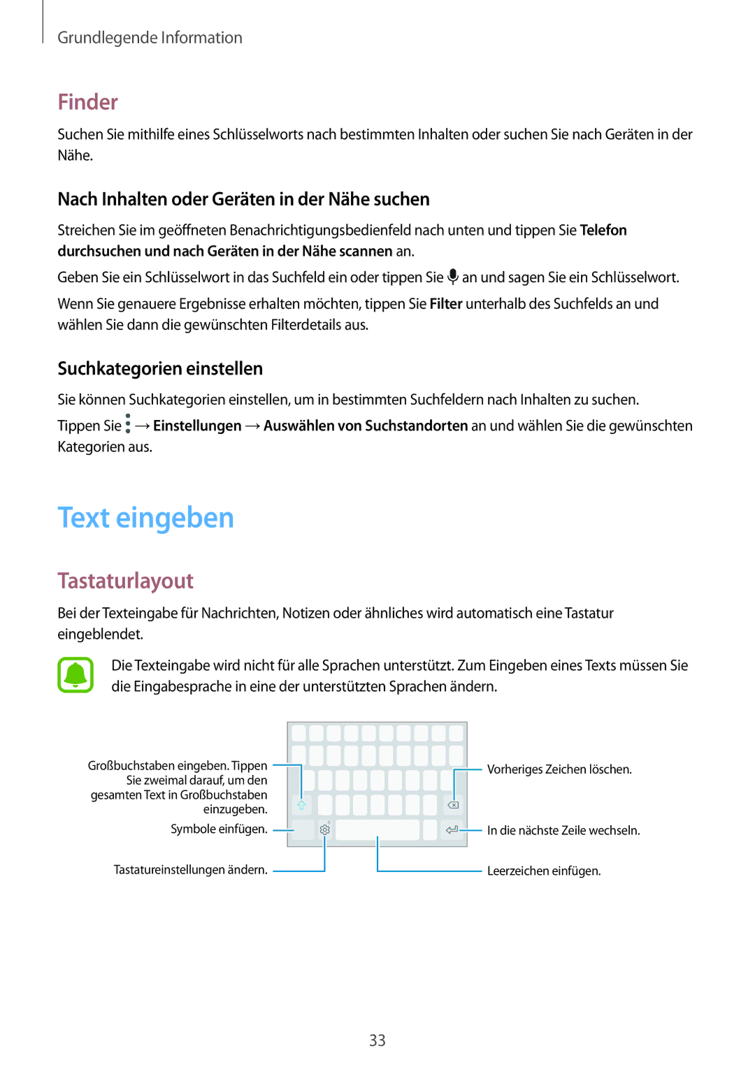 Samsung SM-G390FZKADBT manual Text eingeben, Finder, Tastaturlayout, Nach Inhalten oder Geräten in der Nähe suchen 