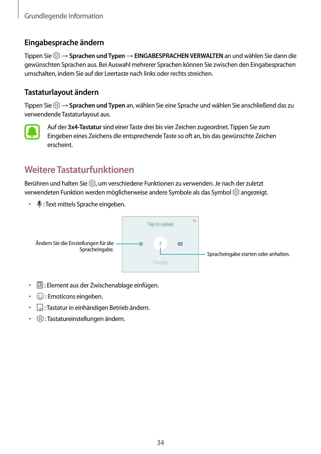 Samsung SM-G390FZKADBT manual Weitere Tastaturfunktionen, Eingabesprache ändern, Tastaturlayout ändern 