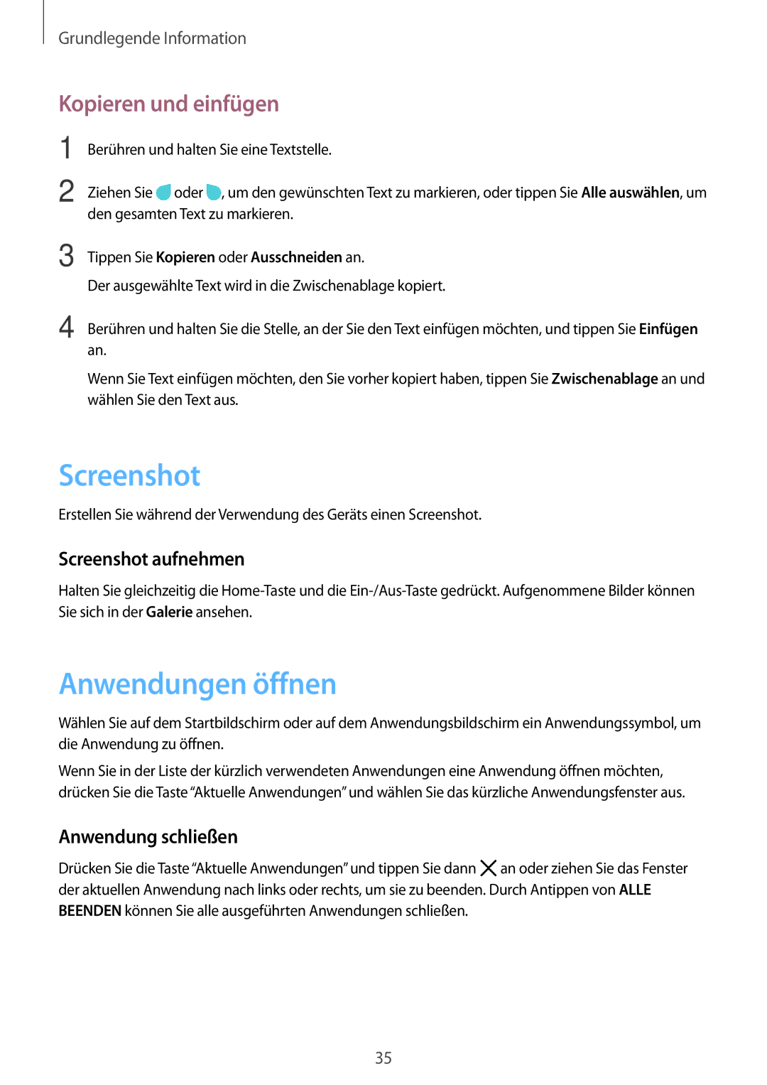 Samsung SM-G390FZKADBT manual Anwendungen öffnen, Kopieren und einfügen, Screenshot aufnehmen, Anwendung schließen 