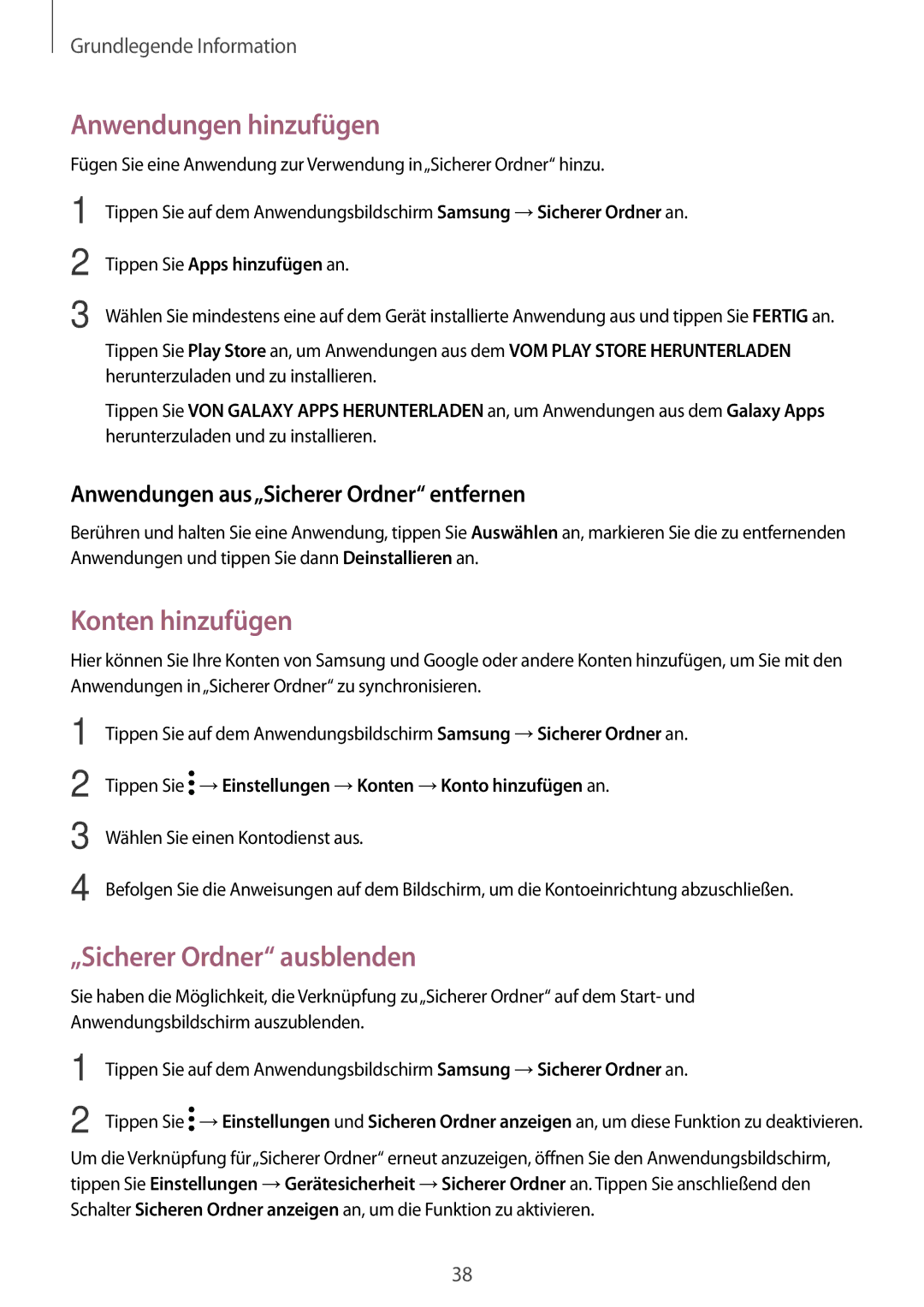 Samsung SM-G390FZKADBT manual Anwendungen hinzufügen, Konten hinzufügen, „Sicherer Ordner ausblenden 