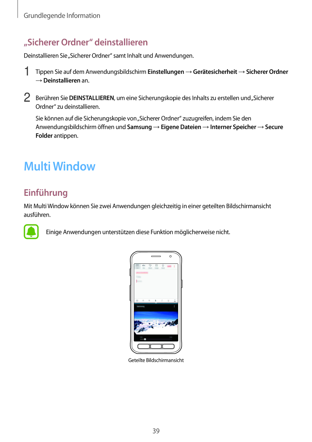 Samsung SM-G390FZKADBT manual Multi Window, „Sicherer Ordner deinstallieren 