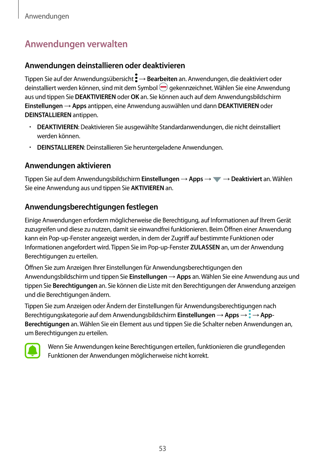 Samsung SM-G390FZKADBT manual Anwendungen verwalten, Anwendungen deinstallieren oder deaktivieren, Anwendungen aktivieren 