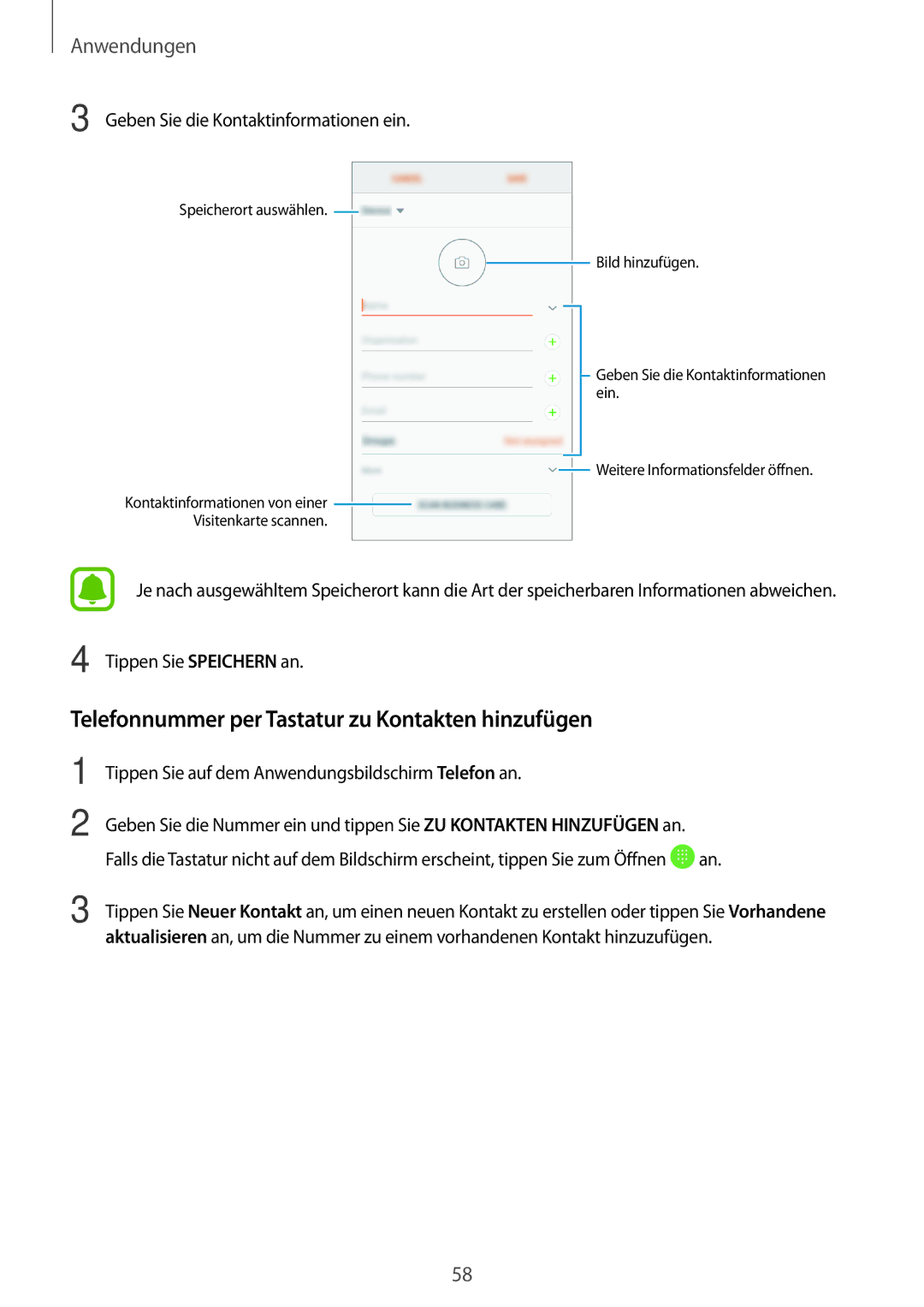 Samsung SM-G390FZKADBT manual Telefonnummer per Tastatur zu Kontakten hinzufügen, Geben Sie die Kontaktinformationen ein 