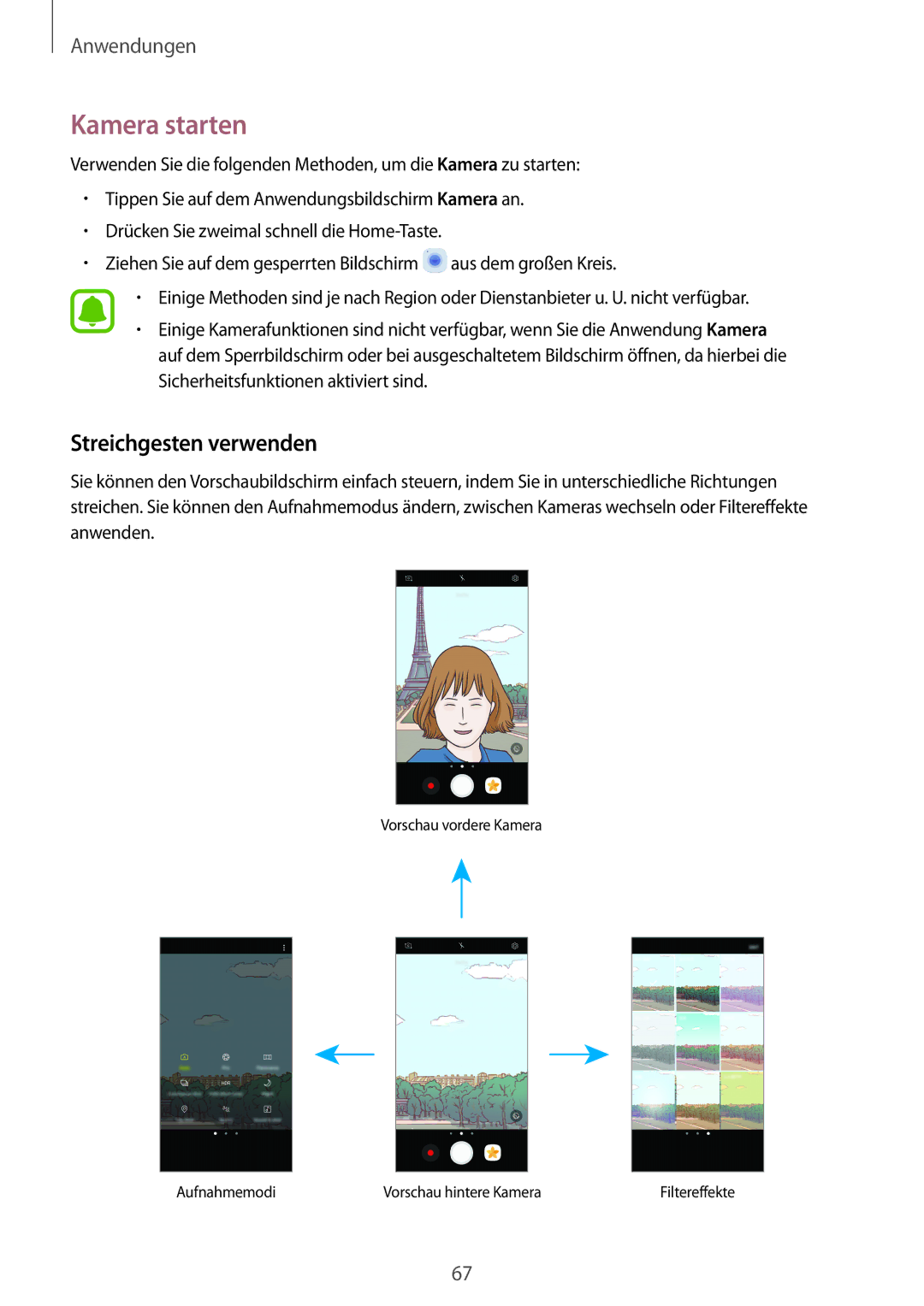 Samsung SM-G390FZKADBT manual Kamera starten, Streichgesten verwenden 