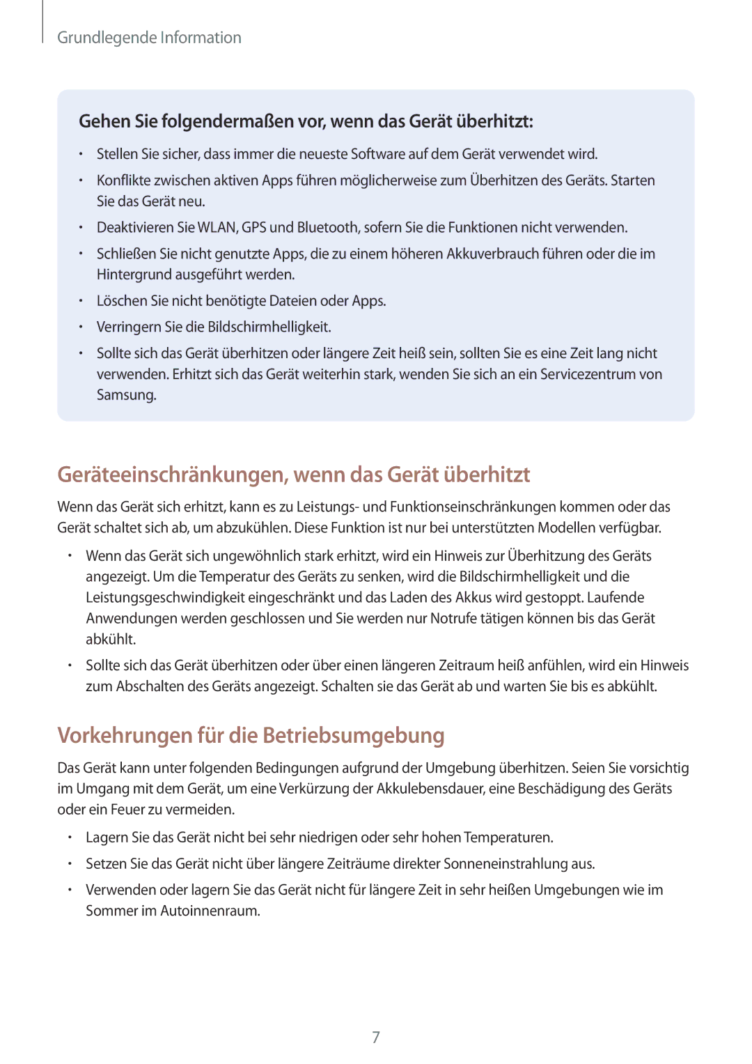 Samsung SM-G390FZKADBT manual Geräteeinschränkungen, wenn das Gerät überhitzt, Vorkehrungen für die Betriebsumgebung 